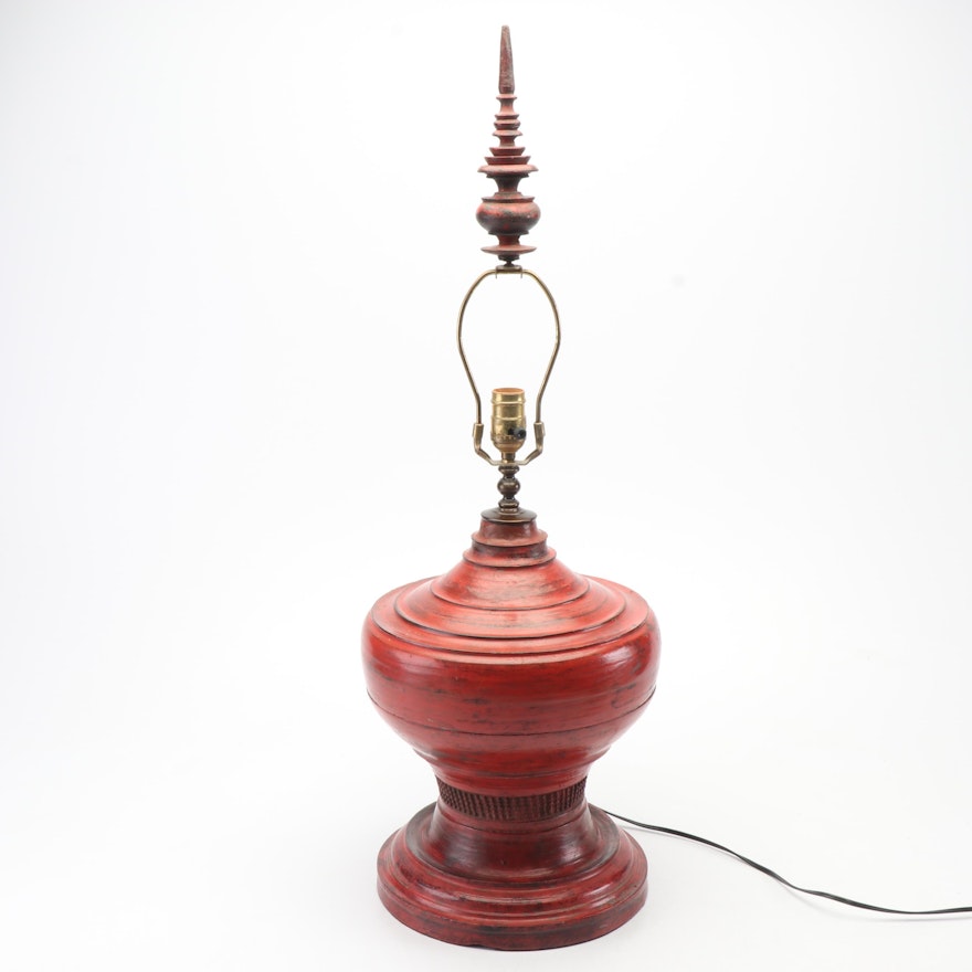 Red Painted Tapered Table Lamp with Tiered Elongated Finial