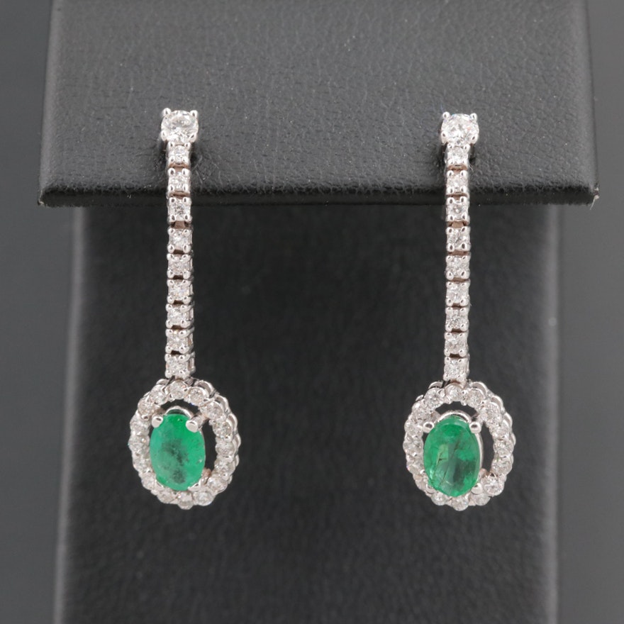 14K White Gold Emerald and Diamond Earrings