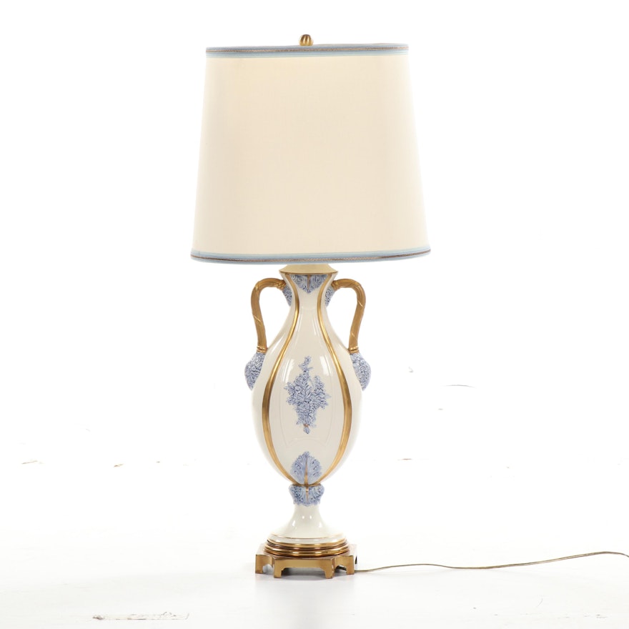Marbro Lamp Co. White and Blue Gilt Accented Floral Table Lamp with Lamp Shade