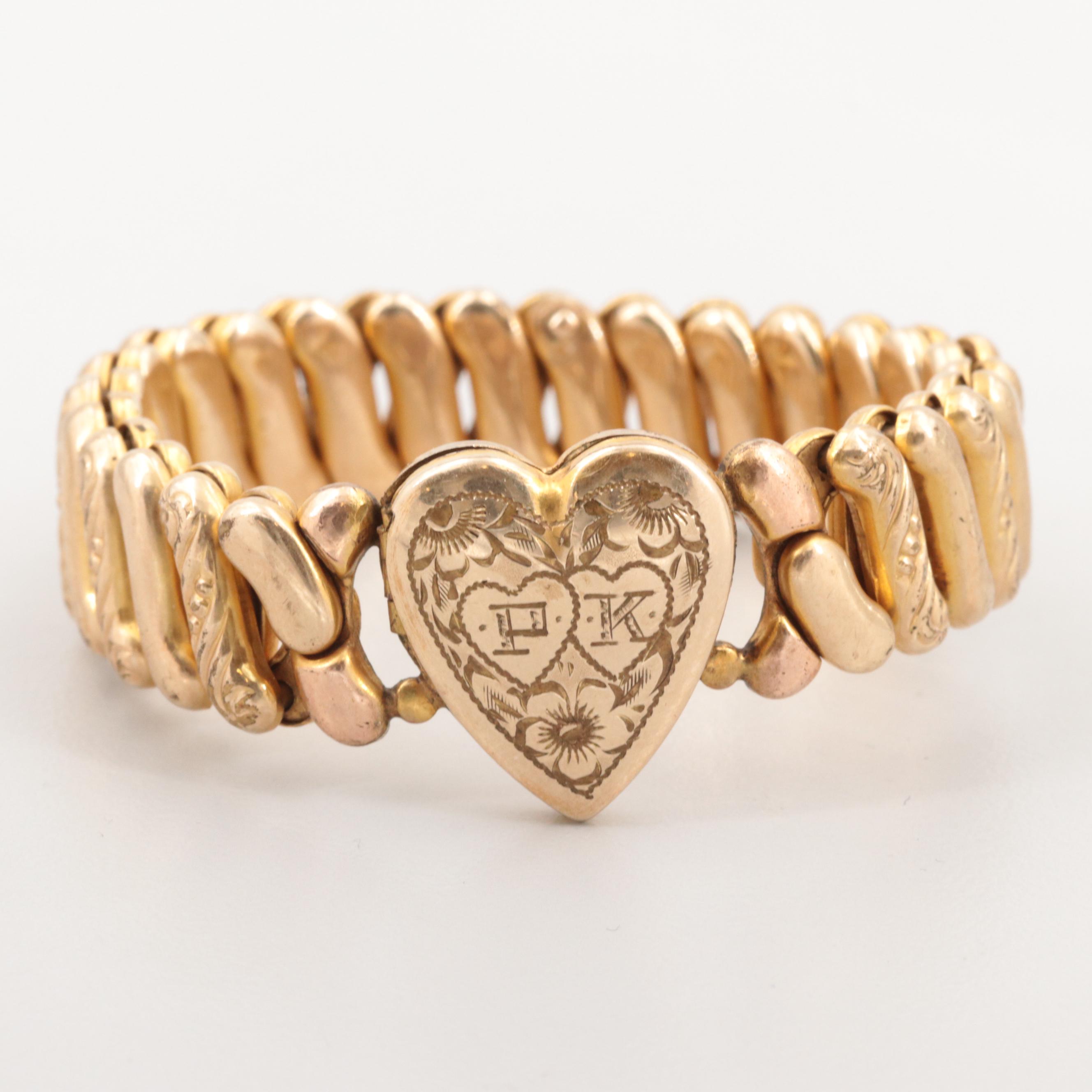 Vintage Gold Tone Expandable Sweetheart Bracelet with Engraved Locket
