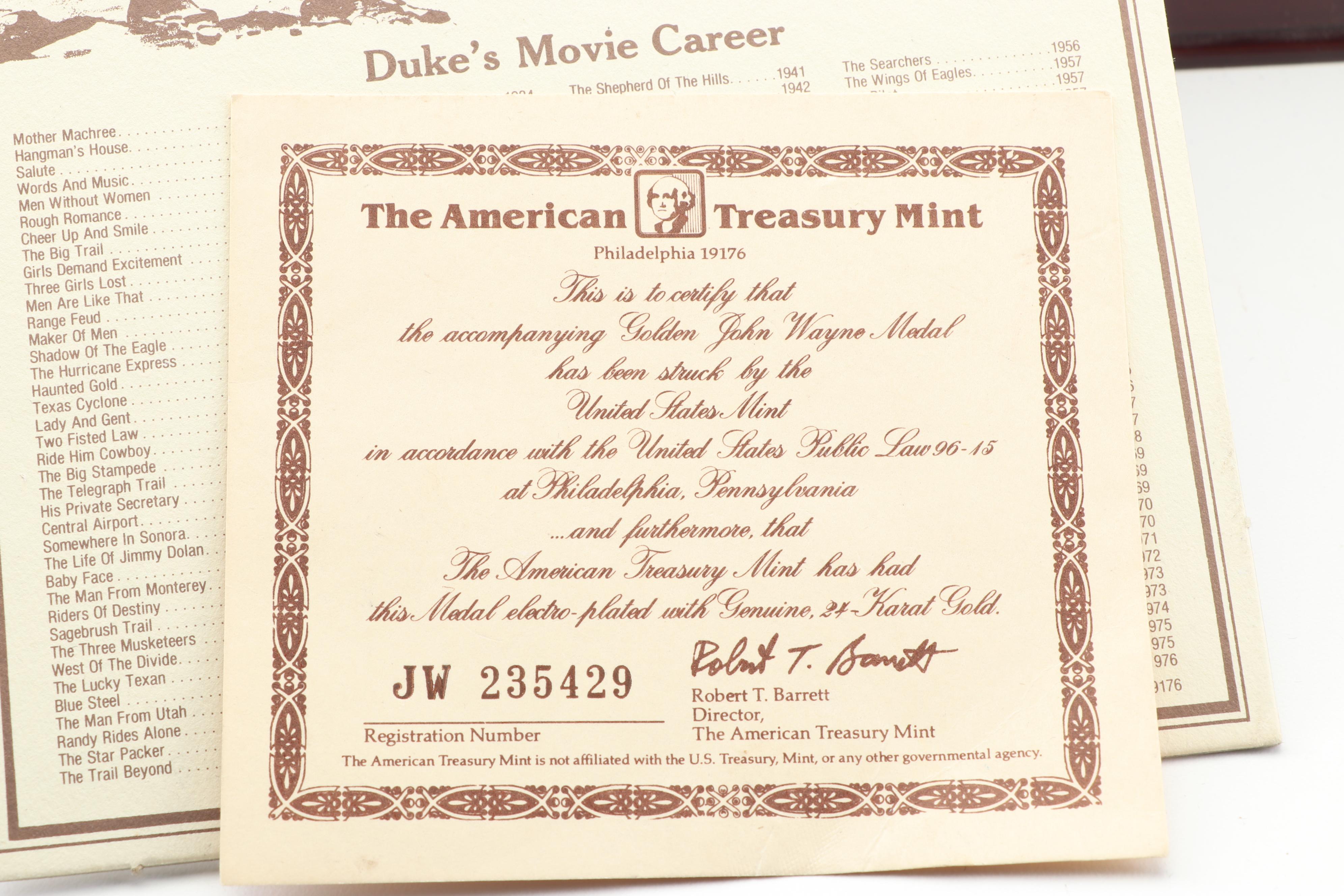 John Wayne Memorabilia including Golden Edition Medal