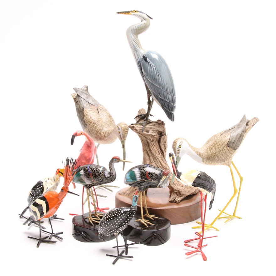 Ten Handcrafted Bird Figurines Including Two Cloisonné