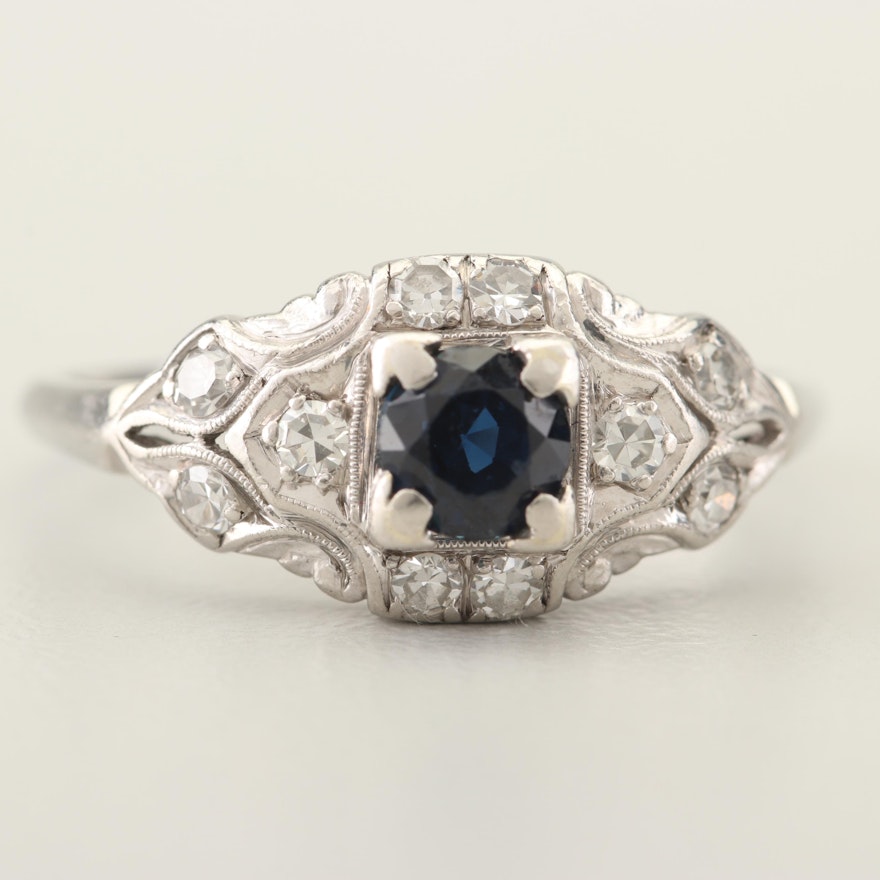 Circa 1930s Platinum Sapphire and Diamond Ring