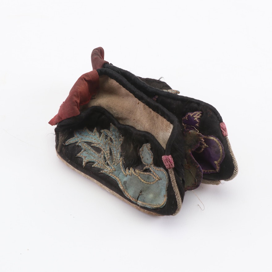 Vintage Chinese Handmade Silk Lotus Slippers Featuring Couching Stitch