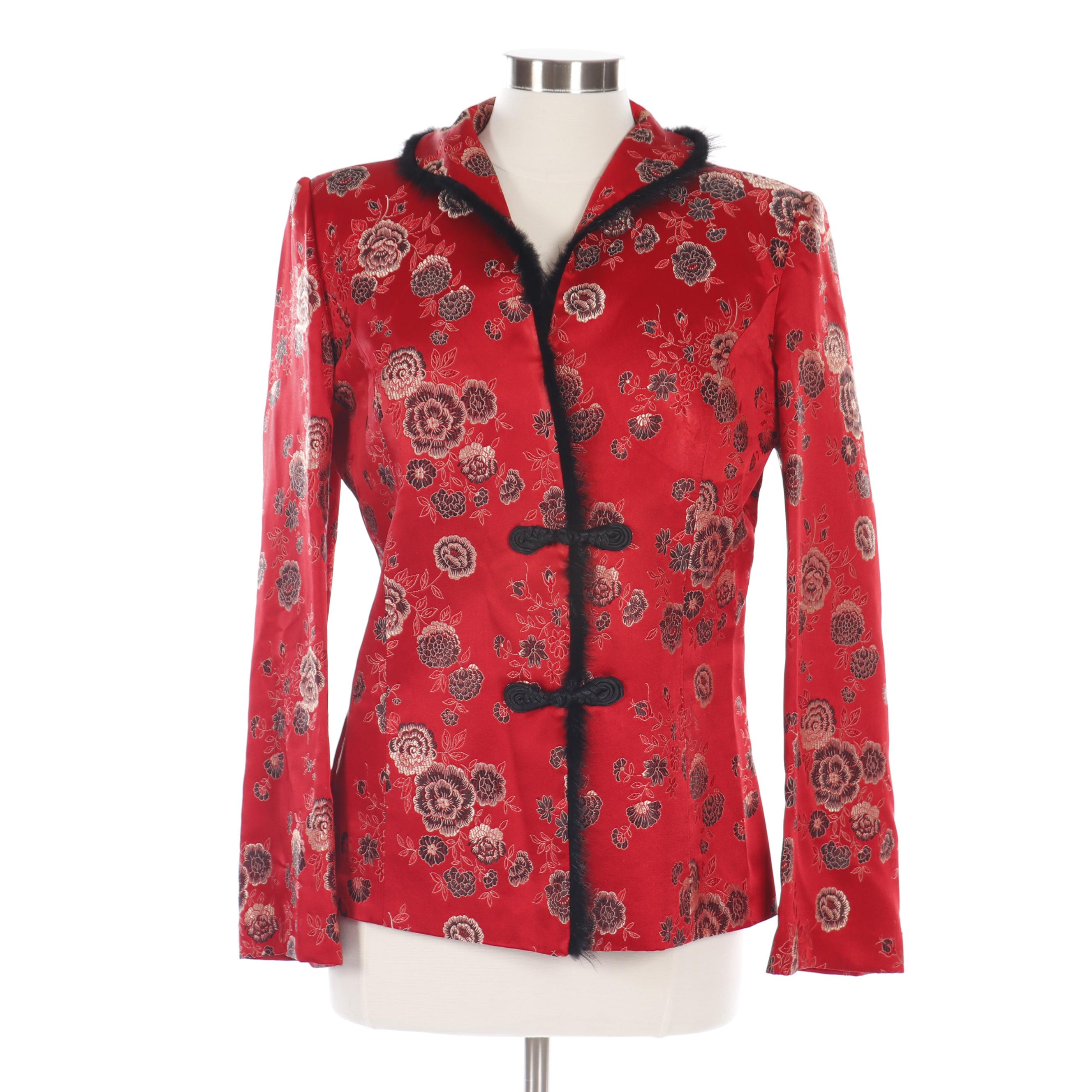 Women's Ling Yun Red Silk Blend Brocade Asian Jacket with Faux Fur Trim