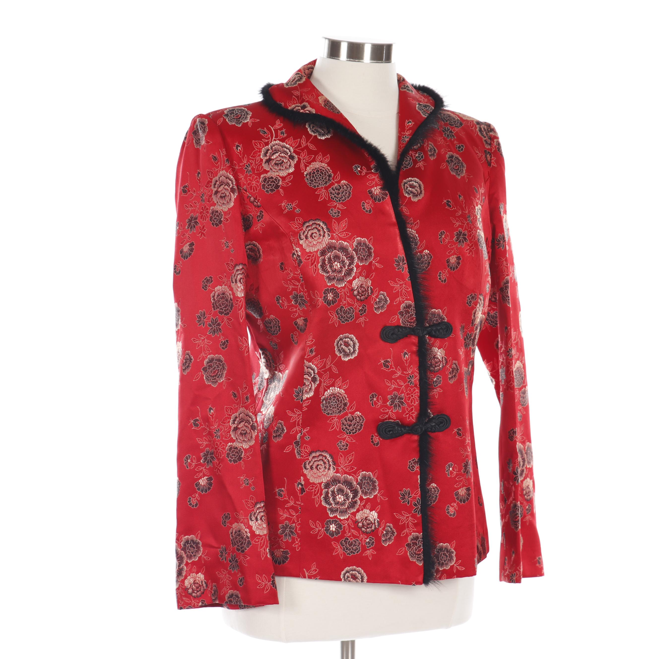 Women's Ling Yun Red Silk Blend Brocade Asian Jacket with Faux Fur Trim