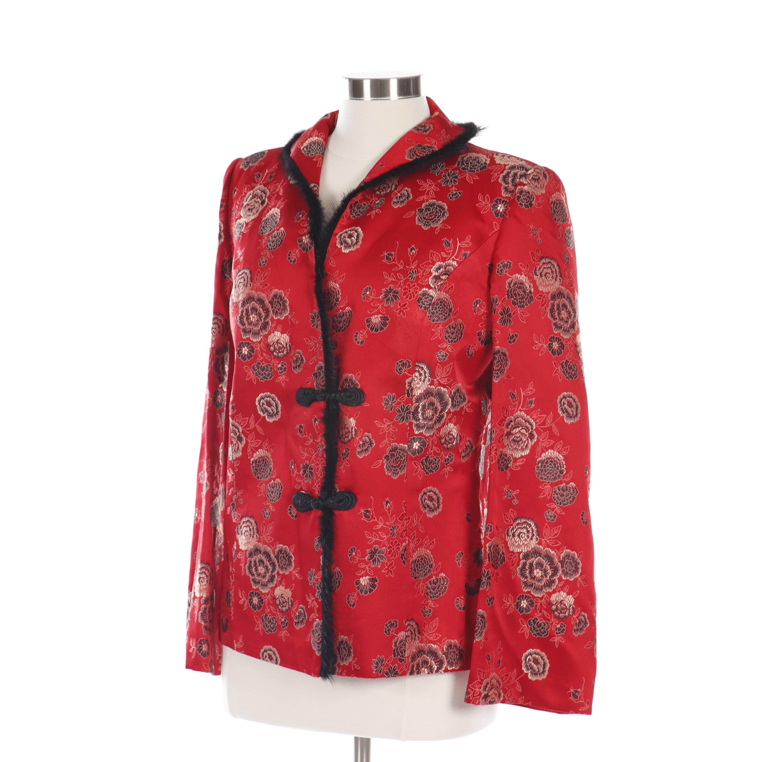 Women's Ling Yun Red Silk Blend Brocade Asian Jacket with Faux Fur Trim