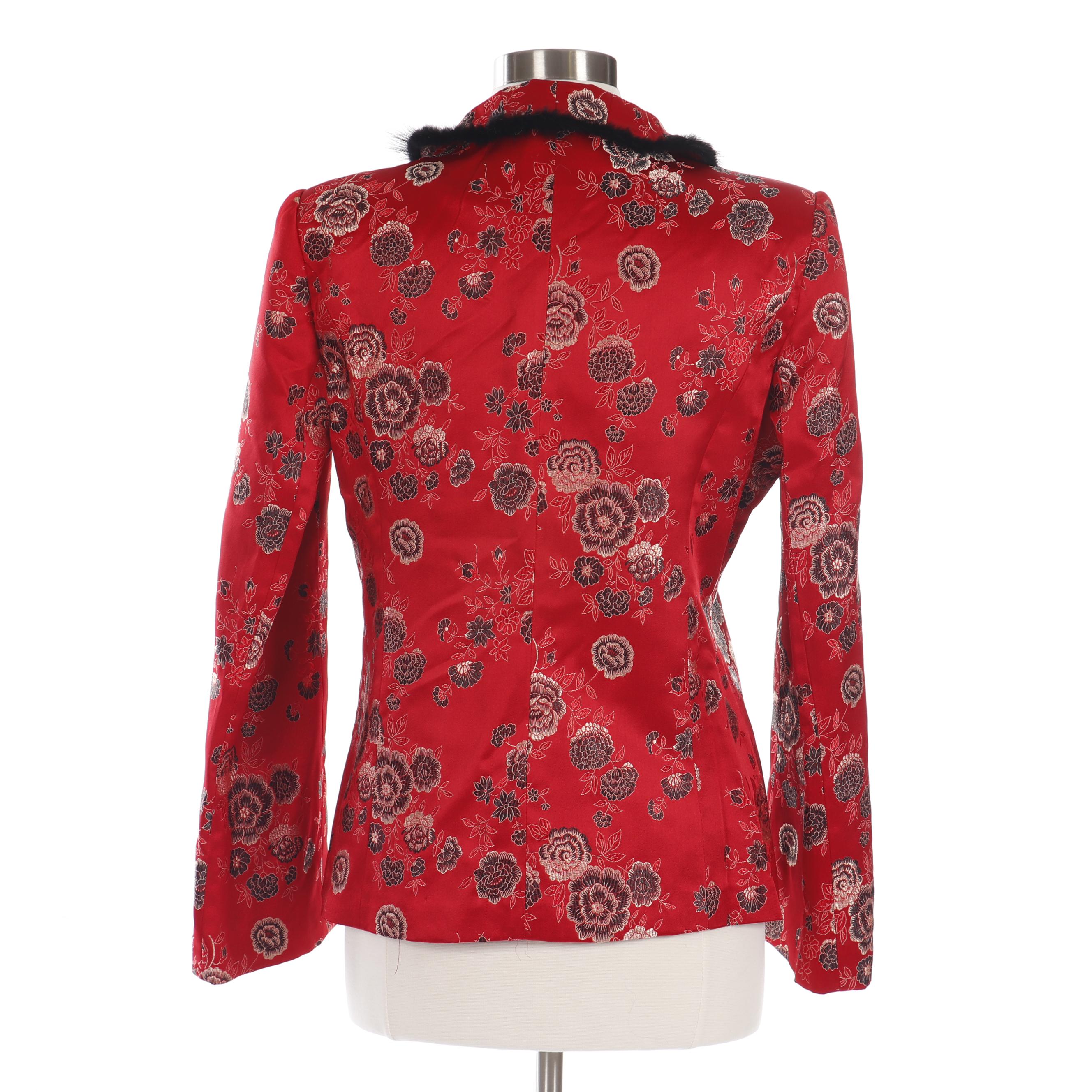 Women's Ling Yun Red Silk Blend Brocade Asian Jacket with Faux Fur Trim