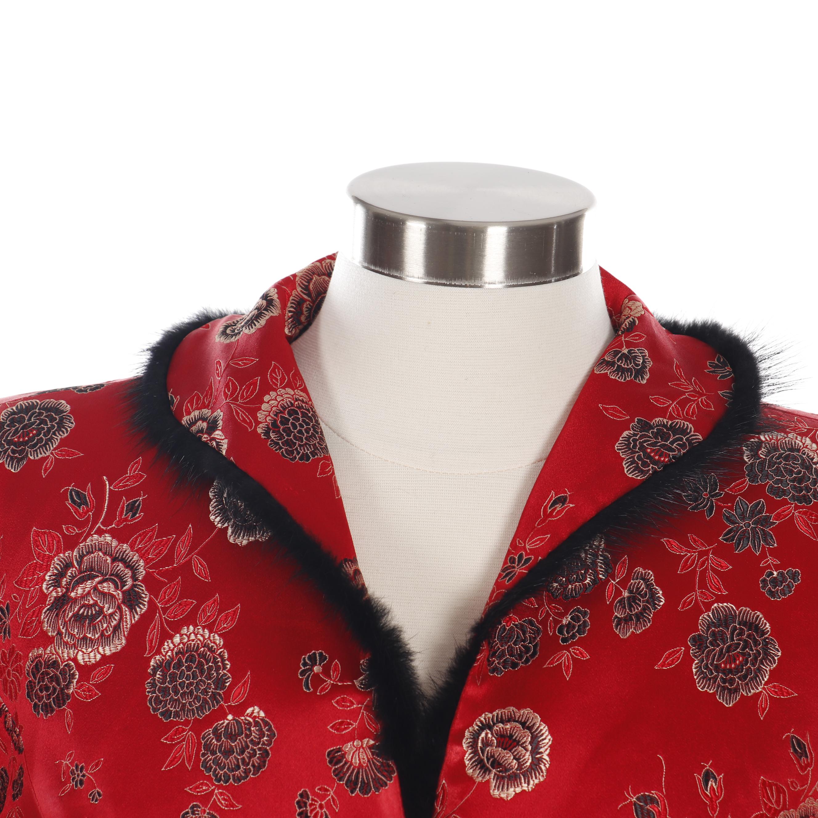 Women's Ling Yun Red Silk Blend Brocade Asian Jacket with Faux Fur Trim
