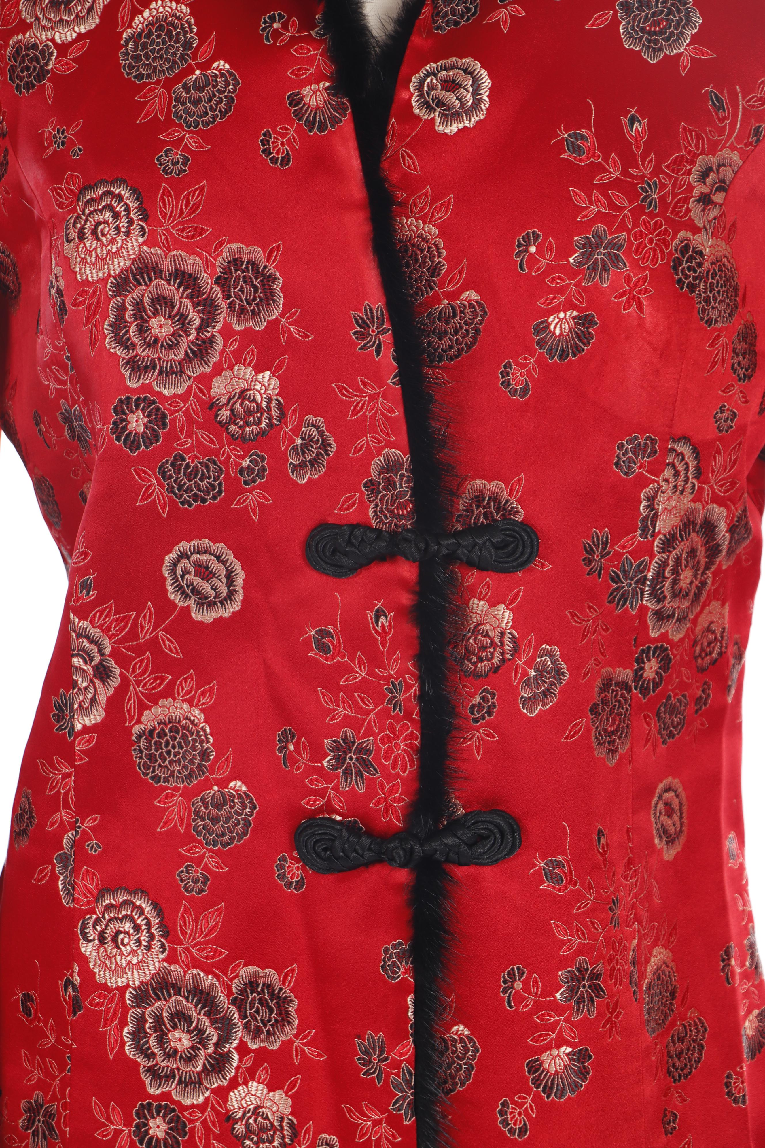 Women's Ling Yun Red Silk Blend Brocade Asian Jacket with Faux Fur Trim