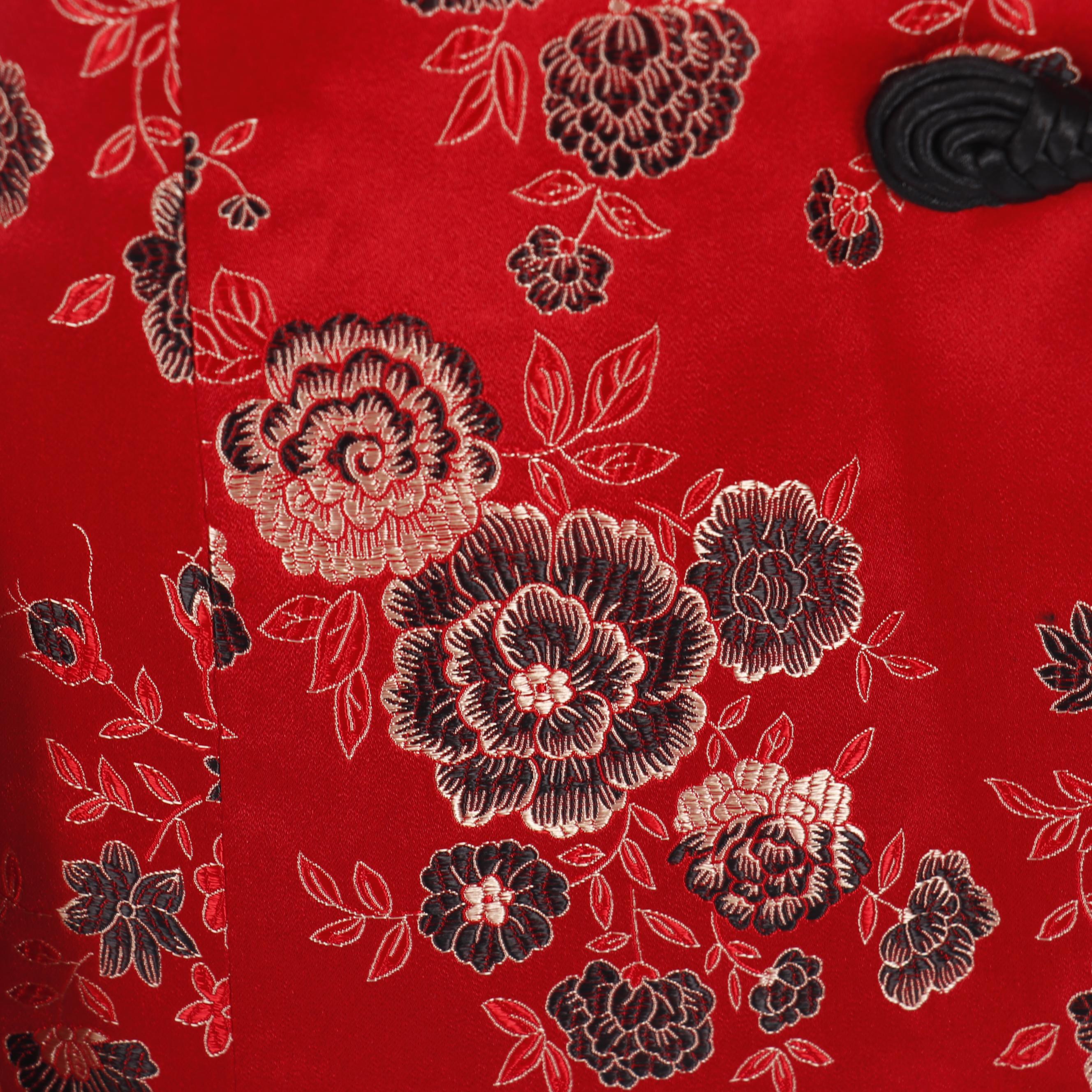 Women's Ling Yun Red Silk Blend Brocade Asian Jacket with Faux Fur Trim