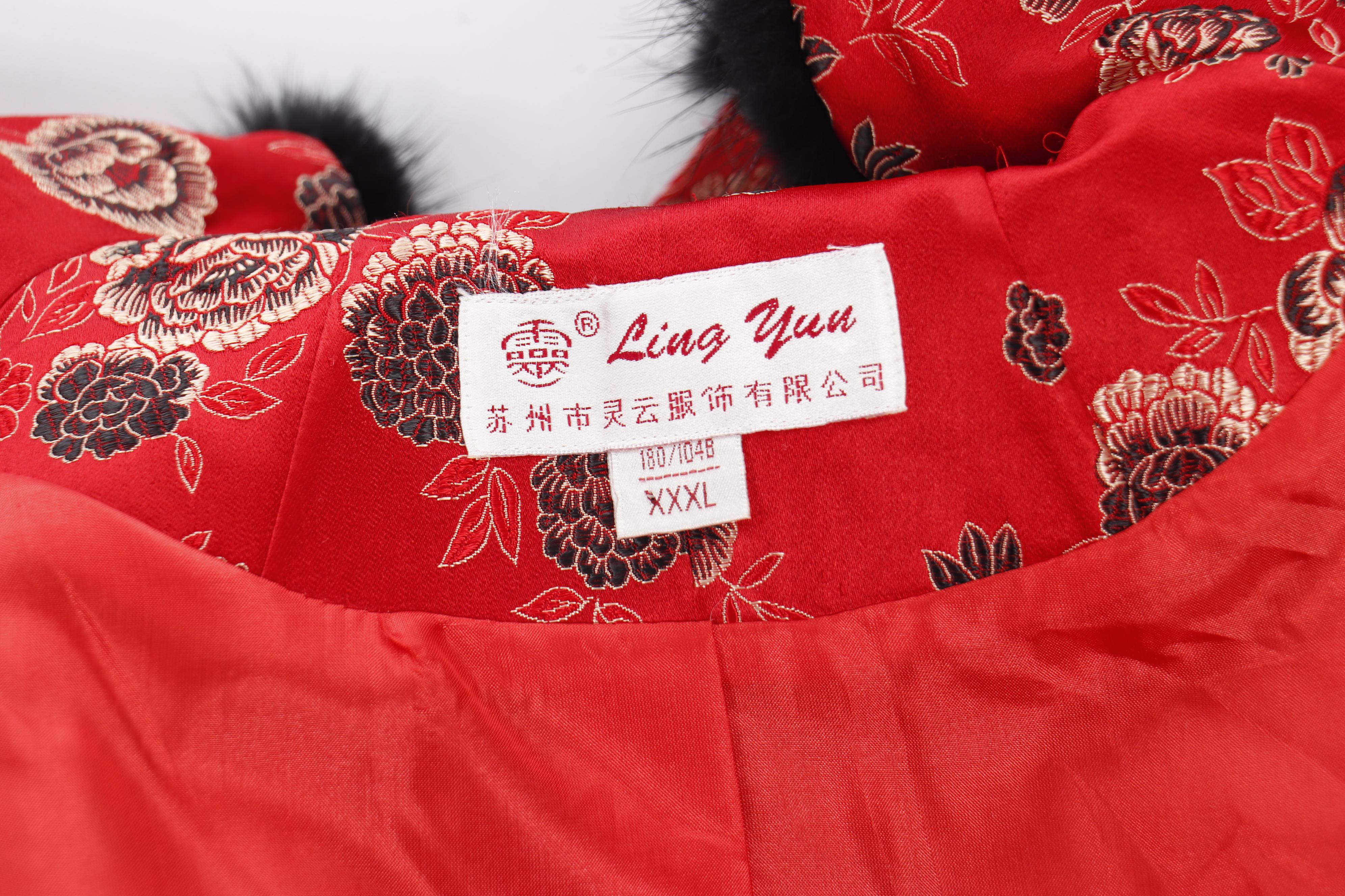 Women's Ling Yun Red Silk Blend Brocade Asian Jacket with Faux Fur Trim