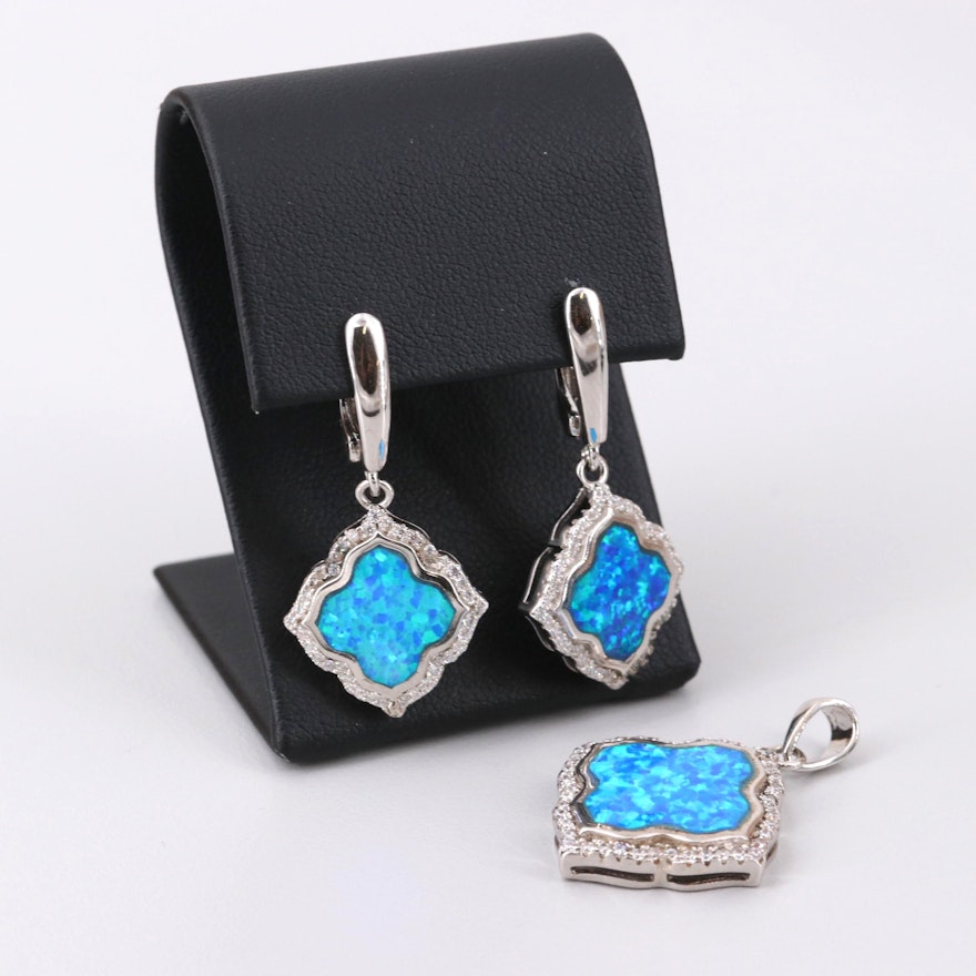 Sterling Silver Inlaid Synthetic Opal and Cubic Zirconia Pendant and Earring Set