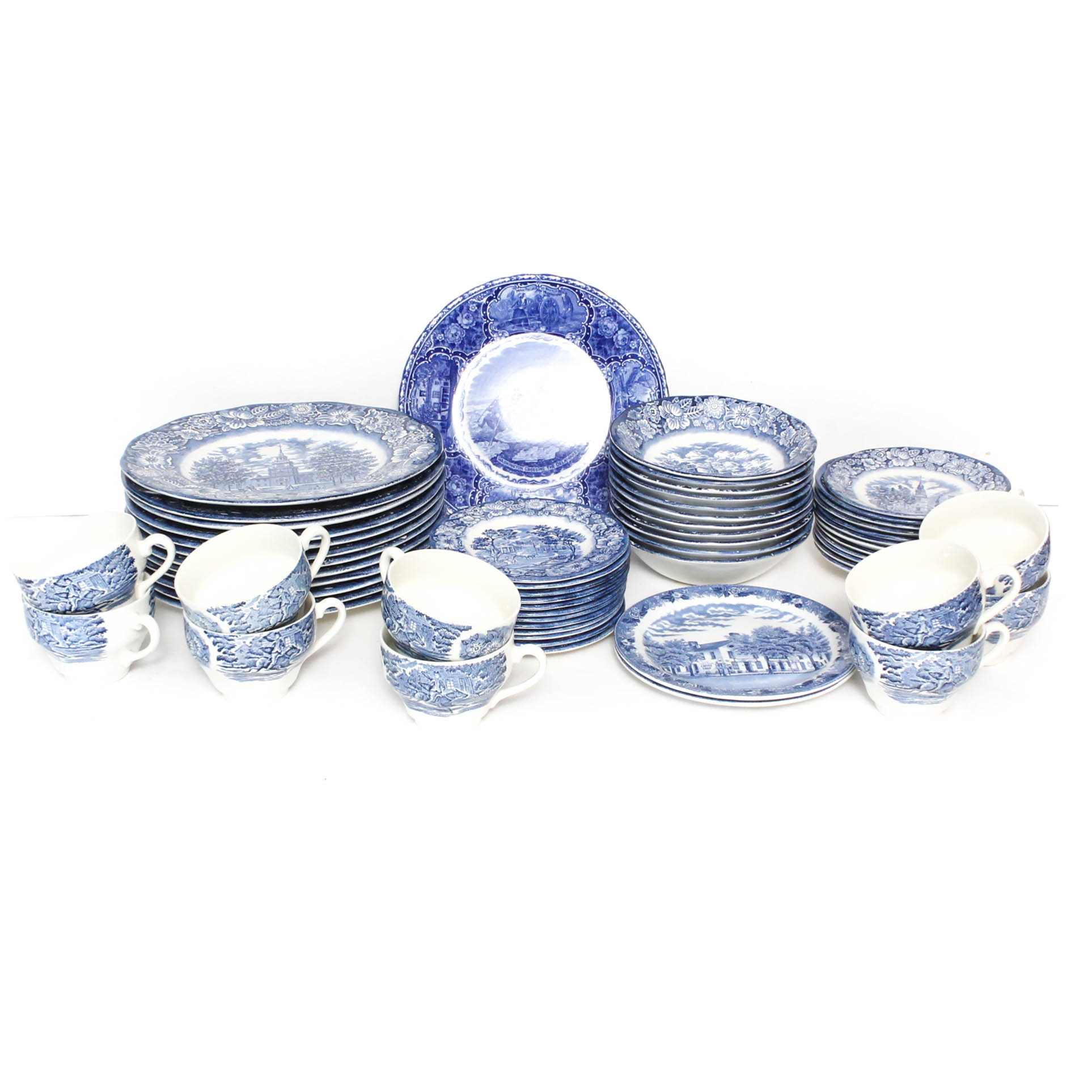 Staffordshire Ironstone "Liberty Blue" Historic Colonial Scene Dinnerware