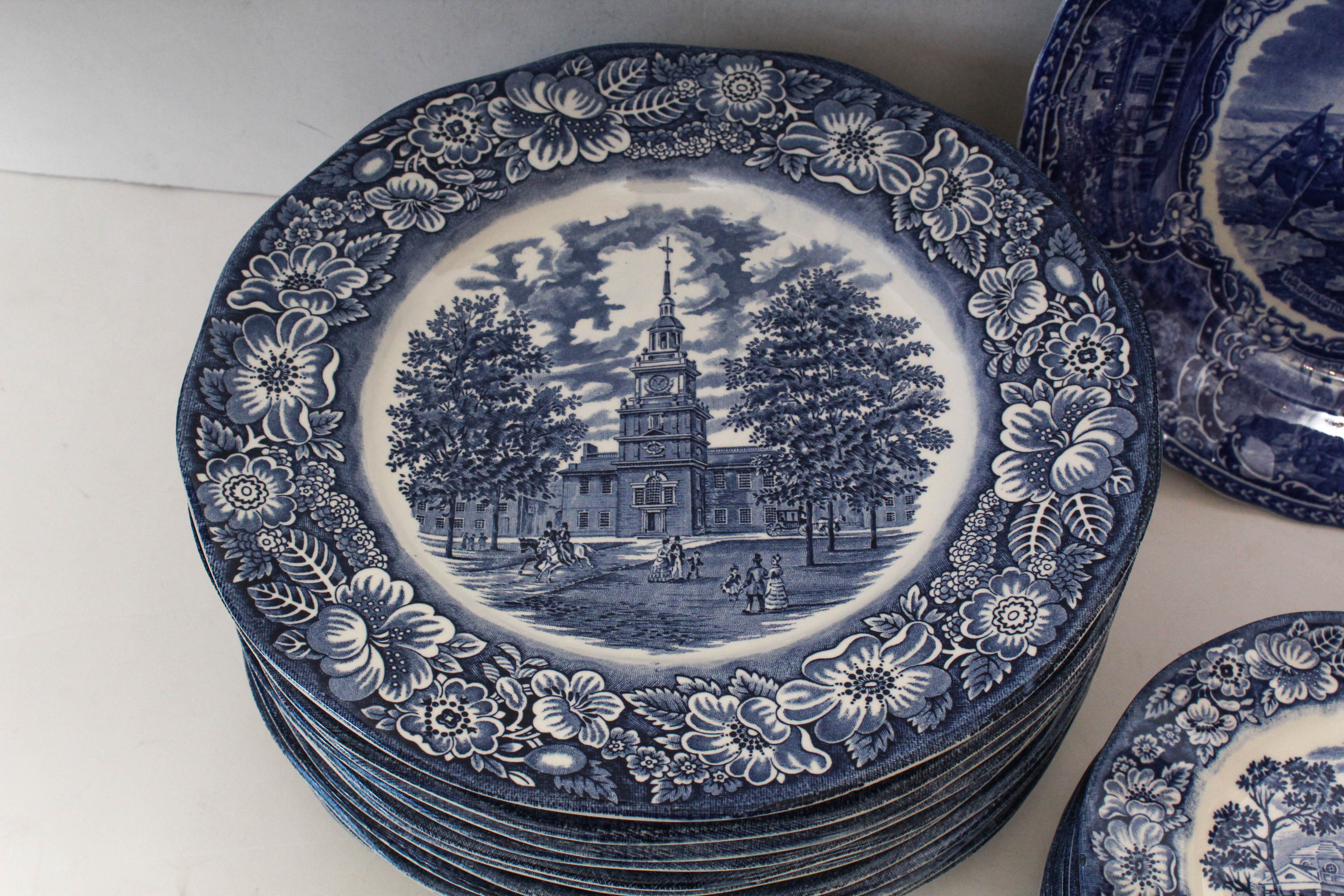 Staffordshire Ironstone "Liberty Blue" Historic Colonial Scene Dinnerware
