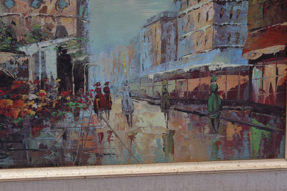 P. G. Tiele Mid-Century Oil Painting Paris Street with Notre Dame