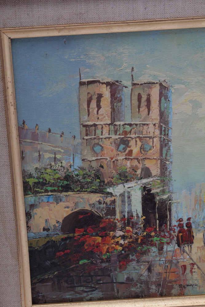 P. G. Tiele Mid-Century Oil Painting Paris Street with Notre Dame