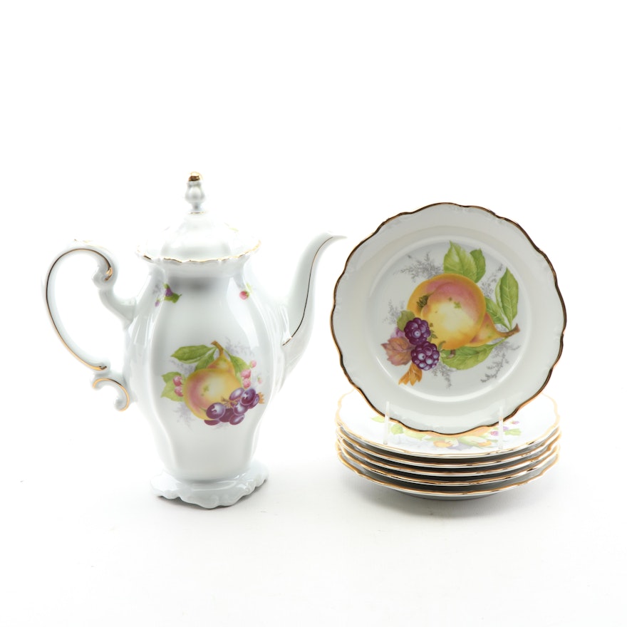 Vintage Johann Haviland Fruit Themed Porcelain Coffee Pot and Dessert Plates