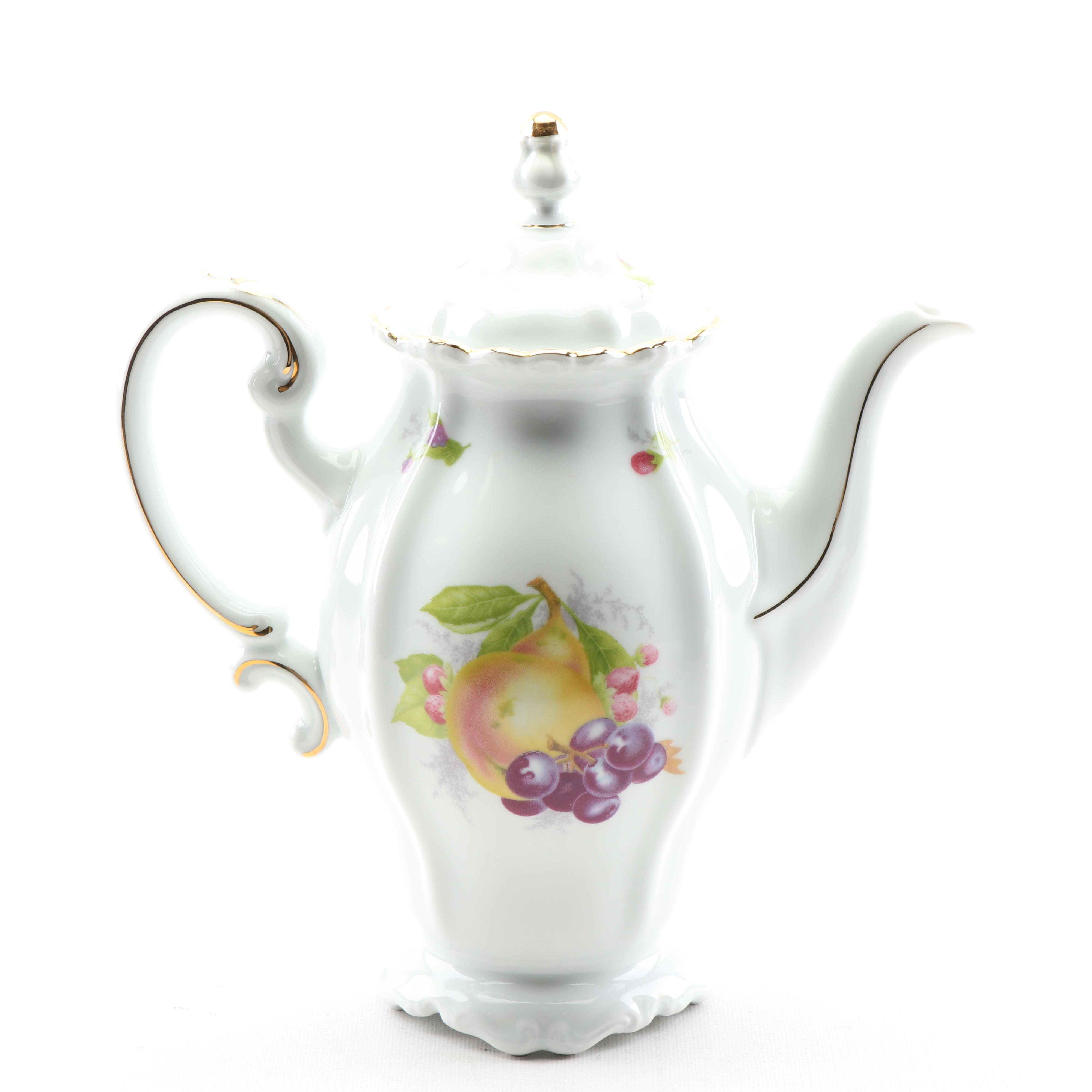 Vintage Johann Haviland Fruit Themed Porcelain Coffee Pot and Dessert Plates