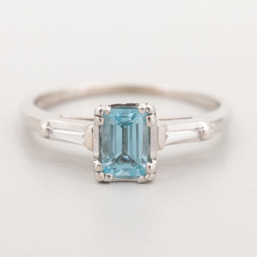 14K White Gold Blue Topaz and Diamond Ring