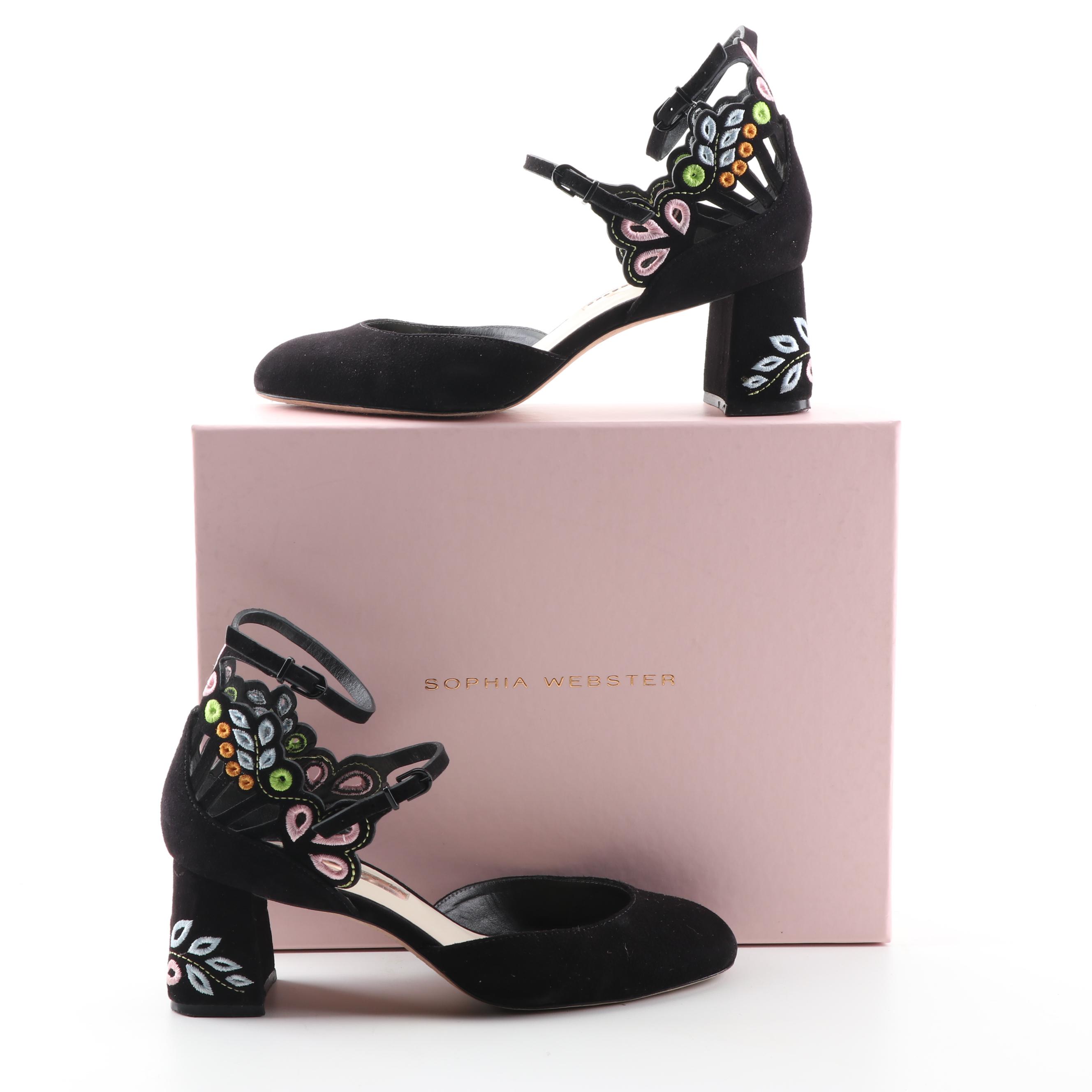 Sophia Webster Liliana Embroidered Laser-Cut Black Suede Mid Mary Jane Pumps