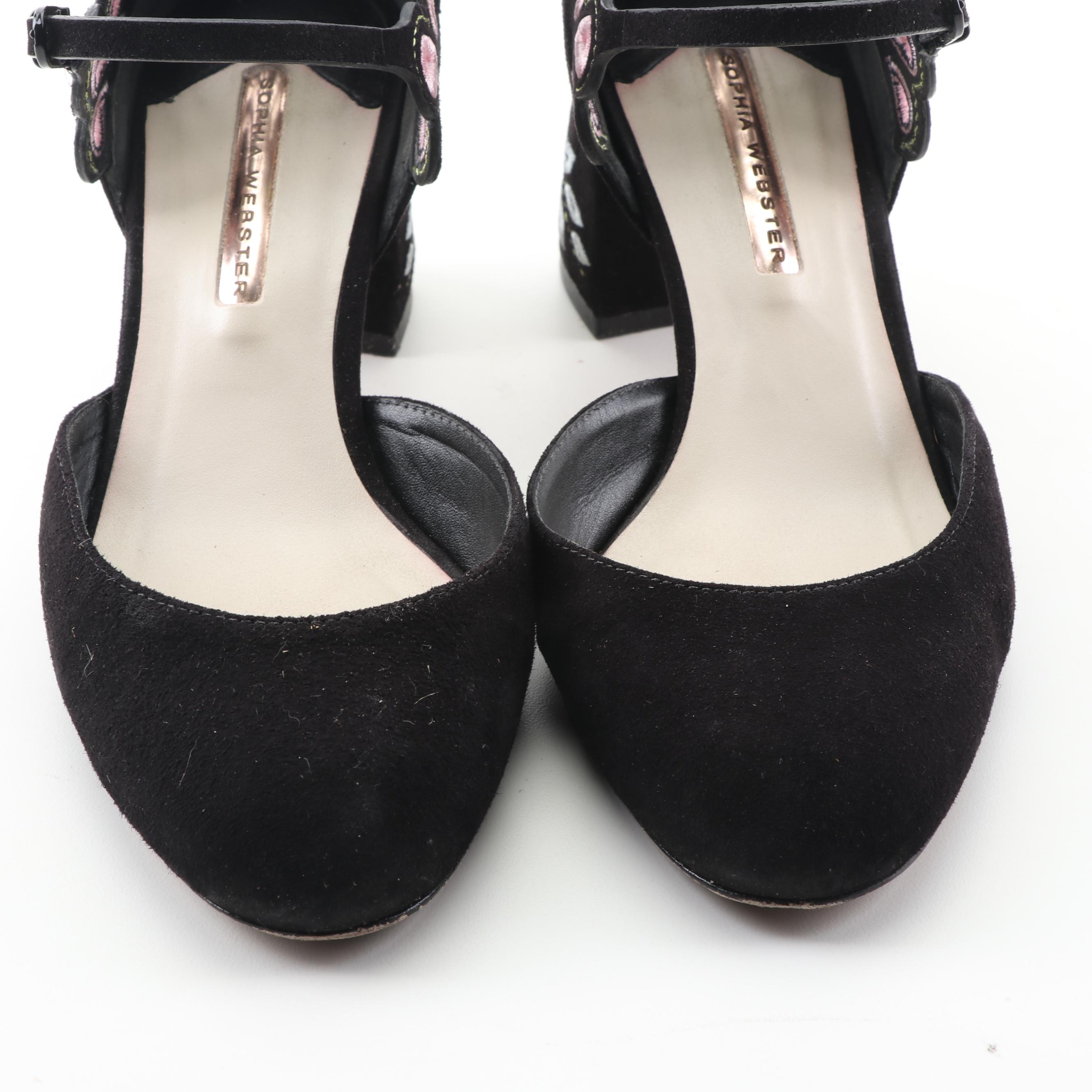 Sophia Webster Liliana Embroidered Laser-Cut Black Suede Mid Mary Jane Pumps