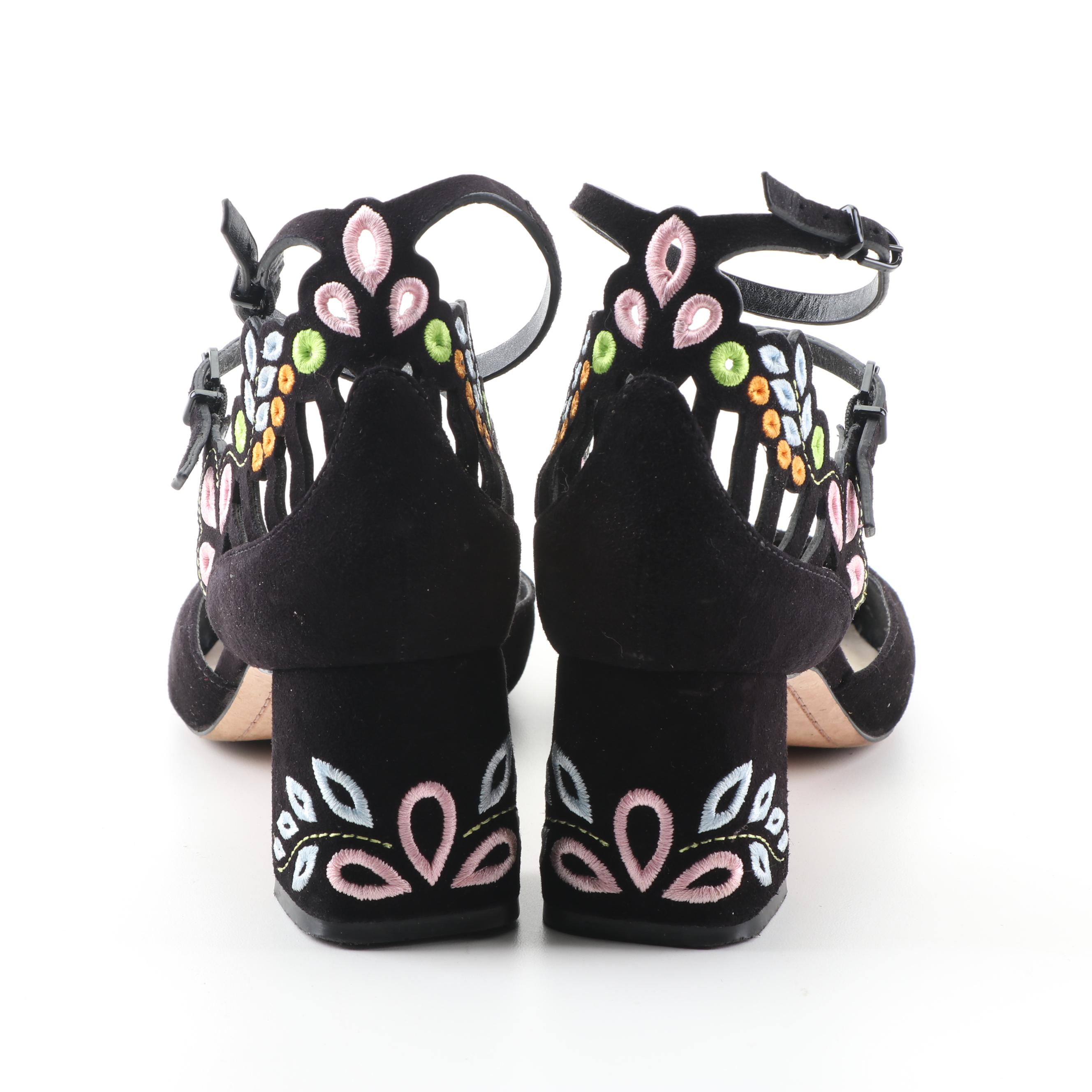 Sophia Webster Liliana Embroidered Laser-Cut Black Suede Mid Mary Jane Pumps