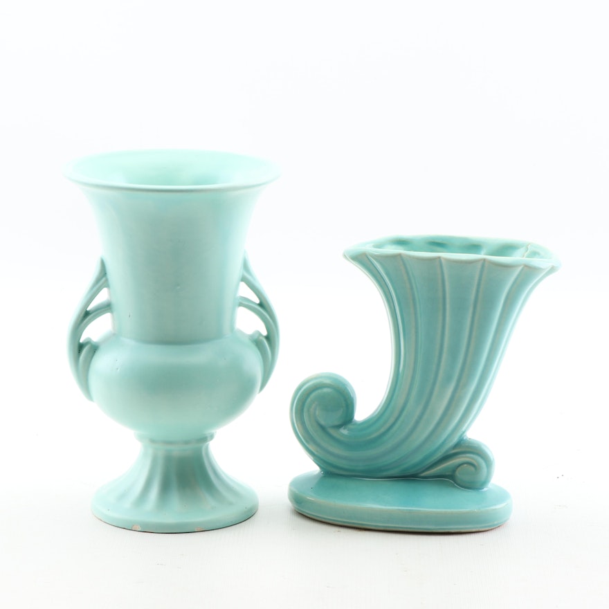 Ceramic Cornucopia Vase and Urn Attributed to McCoy, Mid Century