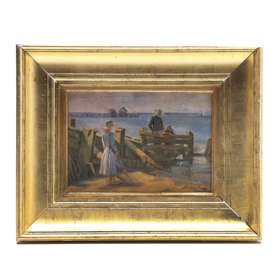 Henry Rheam Oil Painting of Coastal Scene with Figures