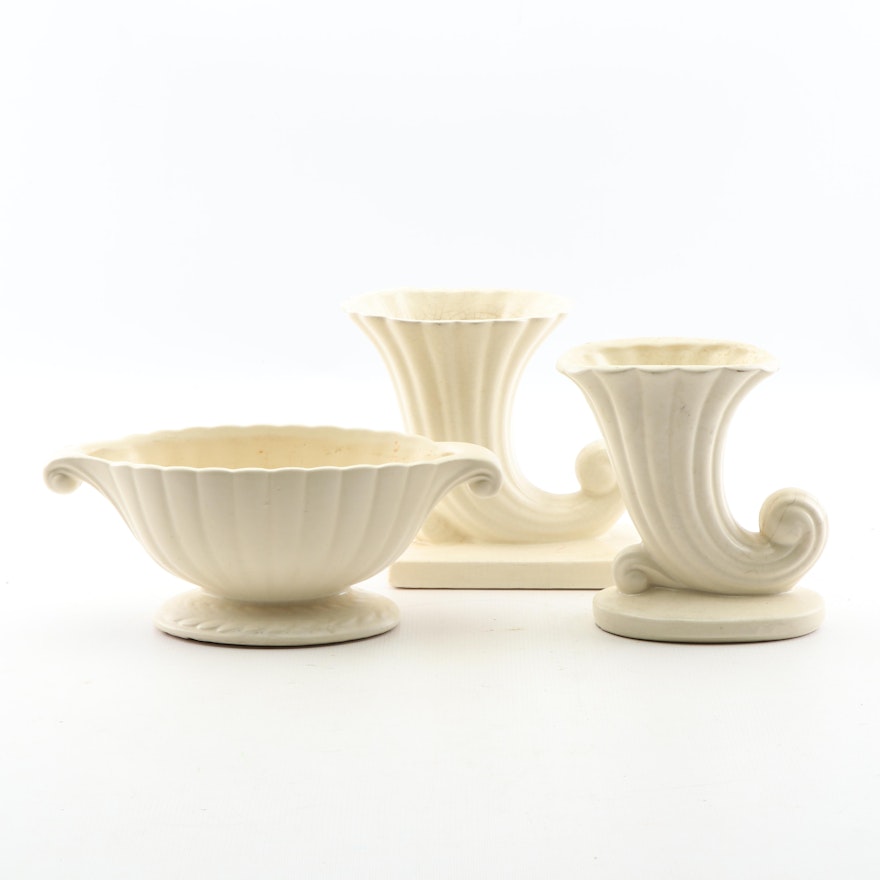 Ceramic Cornucopia Vases and Console Bowl Attributed to McCoy, Mid-Century