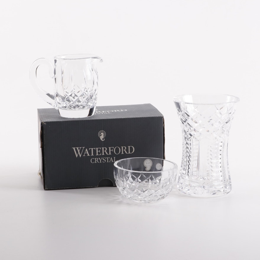 Waterford Crystal Vase and "Lismore" Pattern Creamer and Sugar Bowl