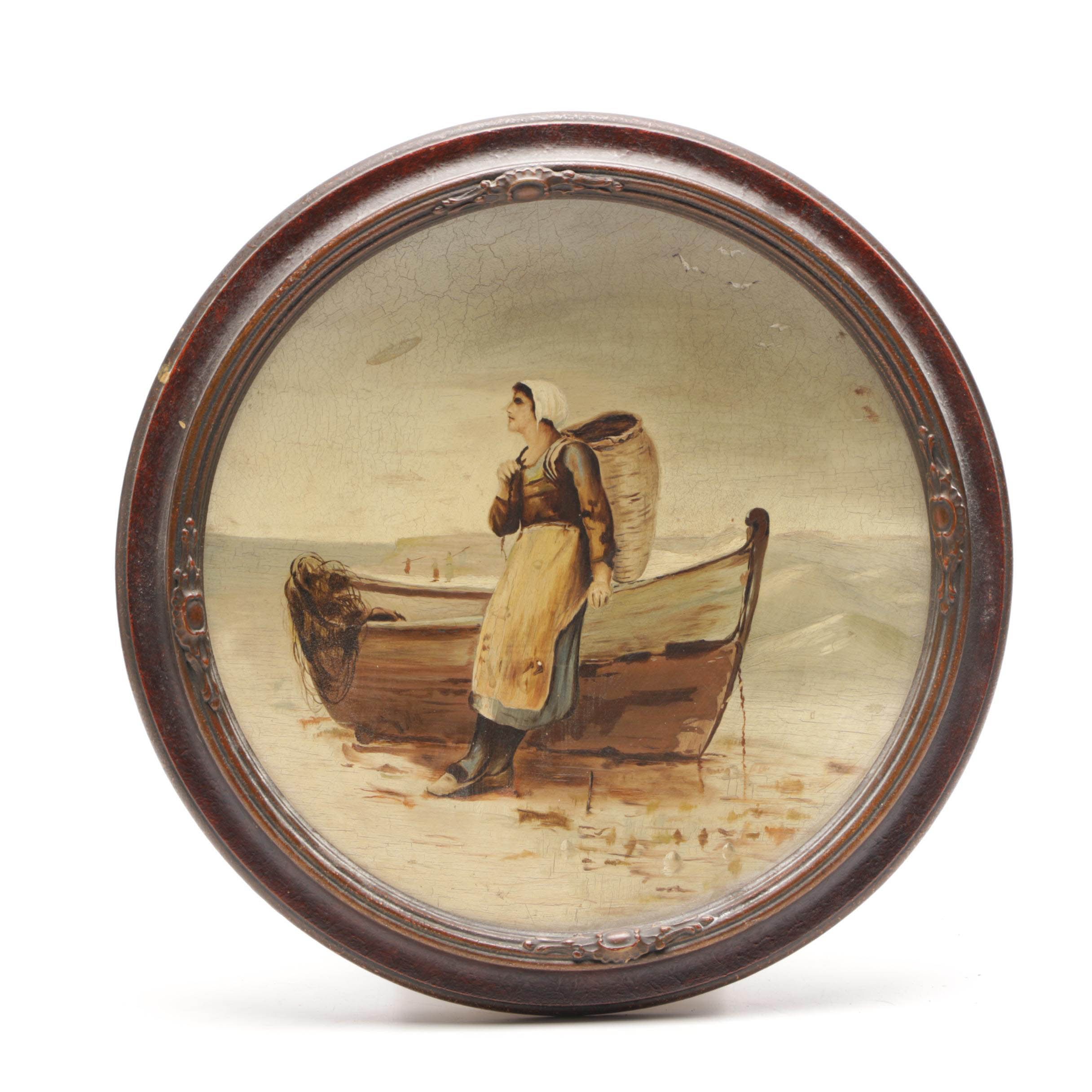 Mary Engle 1926 Oil Painting of Woman Leaning on a Small Boat