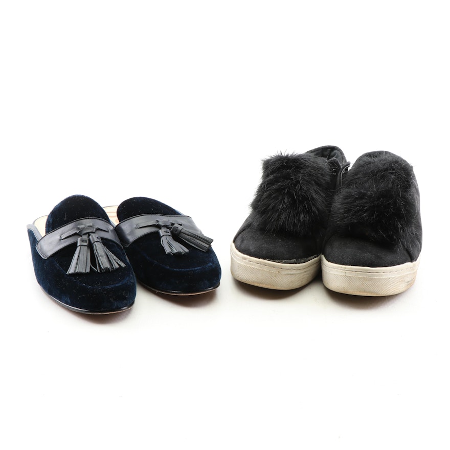 Sam Edelman Blue Velvet Loafer Mules and Black Suede Sneakers with Faux Fur