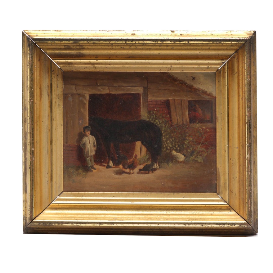 Late 19th-Century Farm Genre Oil Painting