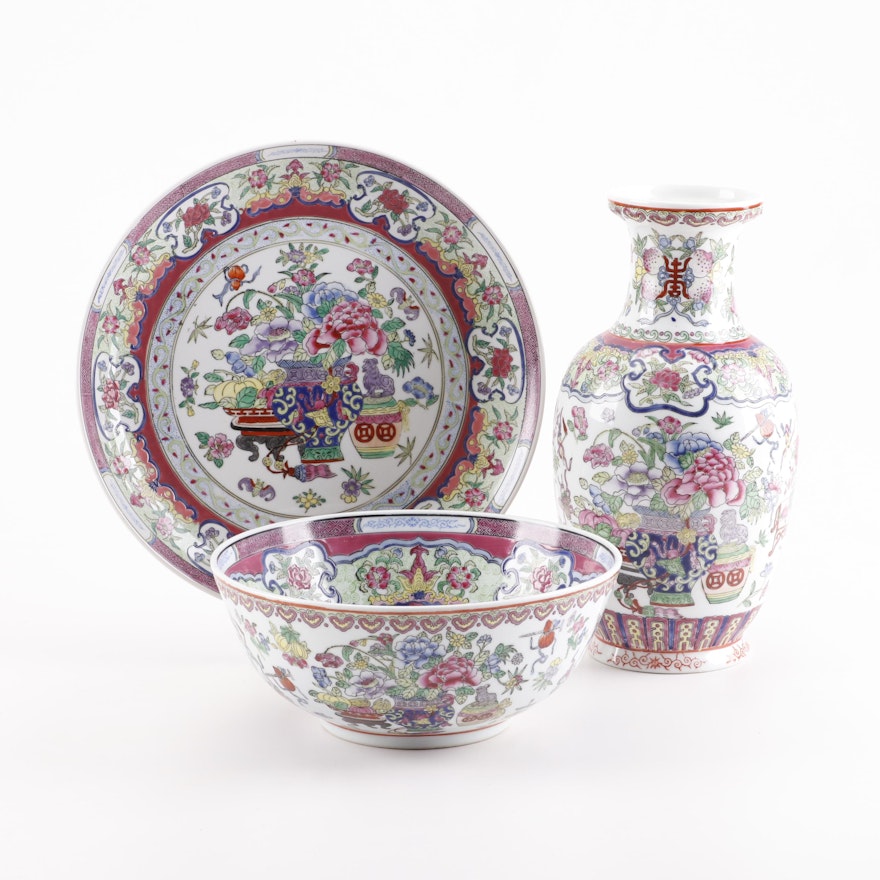 Chinese Famille Rose Porcelain & Enamel Serving Plate, Bowl, & Vase