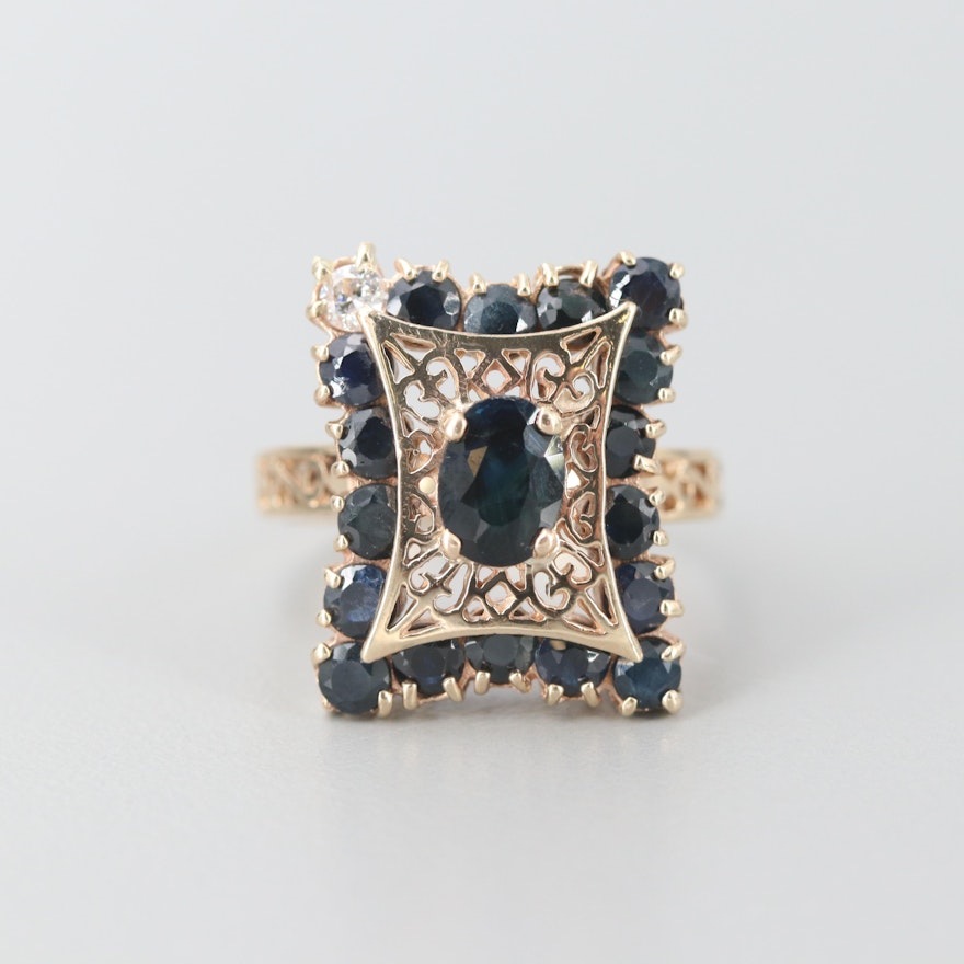 10K Yellow Gold Blue Sapphire and Diamond Ring