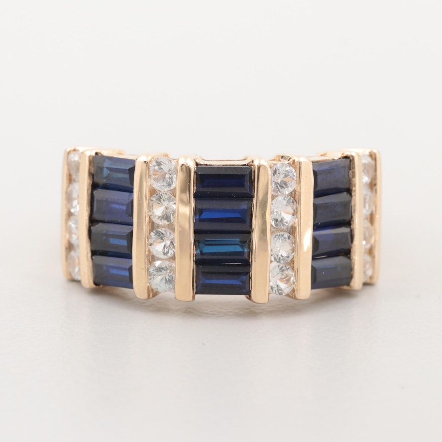 14K Yellow Gold Synthetic Blue Sapphire and White Sapphire Ring