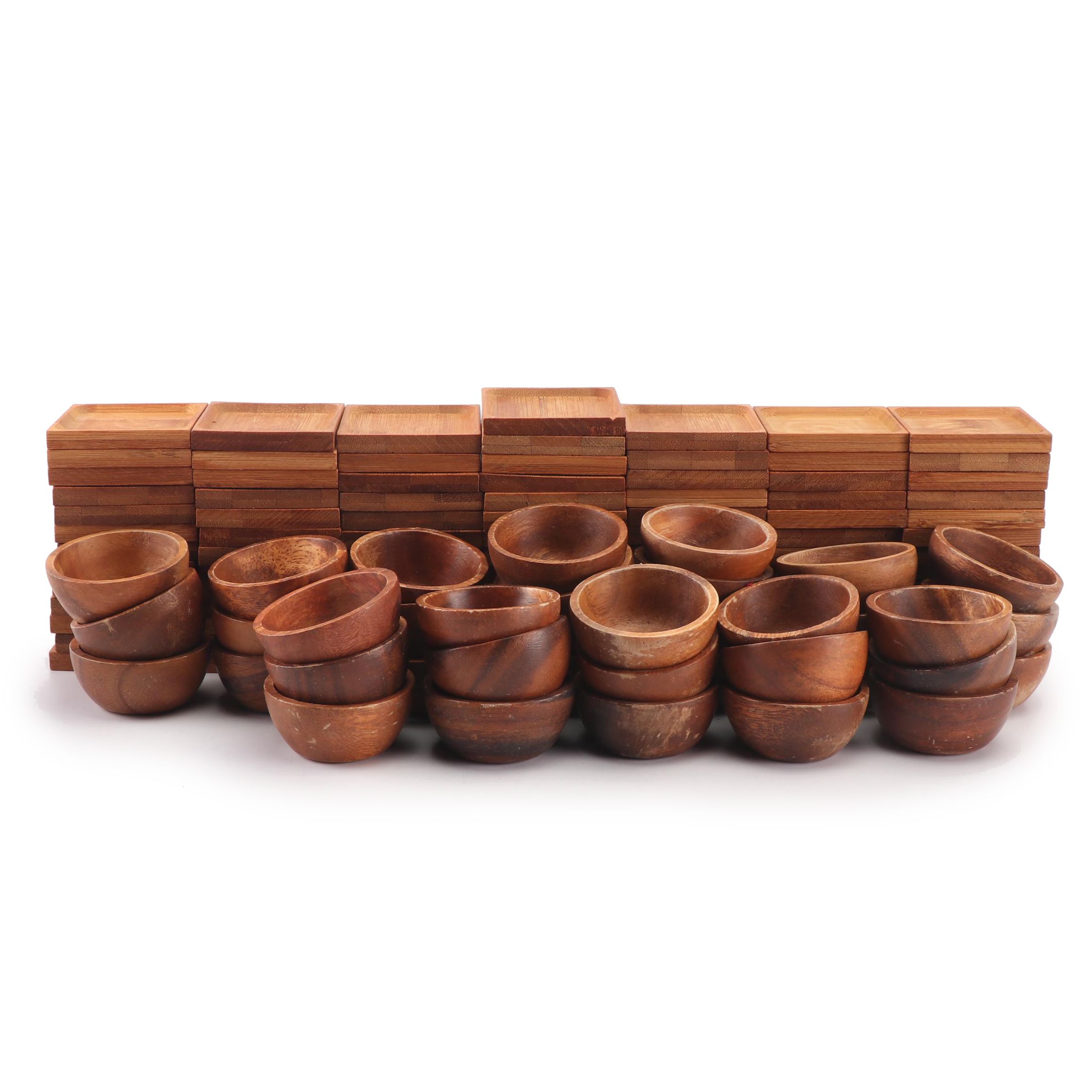 Crate & Barrel Acacia Wood Dipping Bowls with Bamboo Condiment Coasters