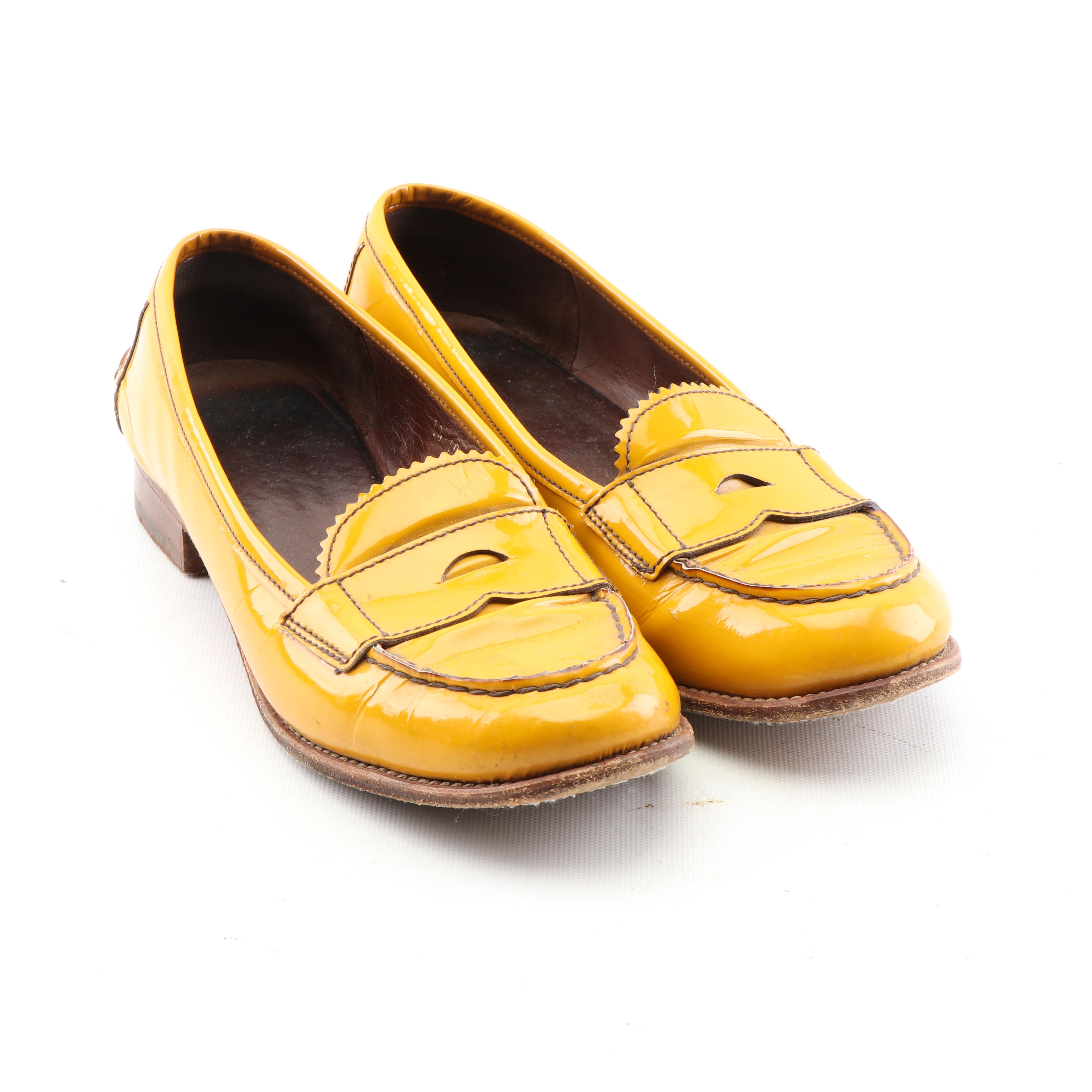 Women's Prada Mustard Yellow Patent Leather Loafers, Made in Italy