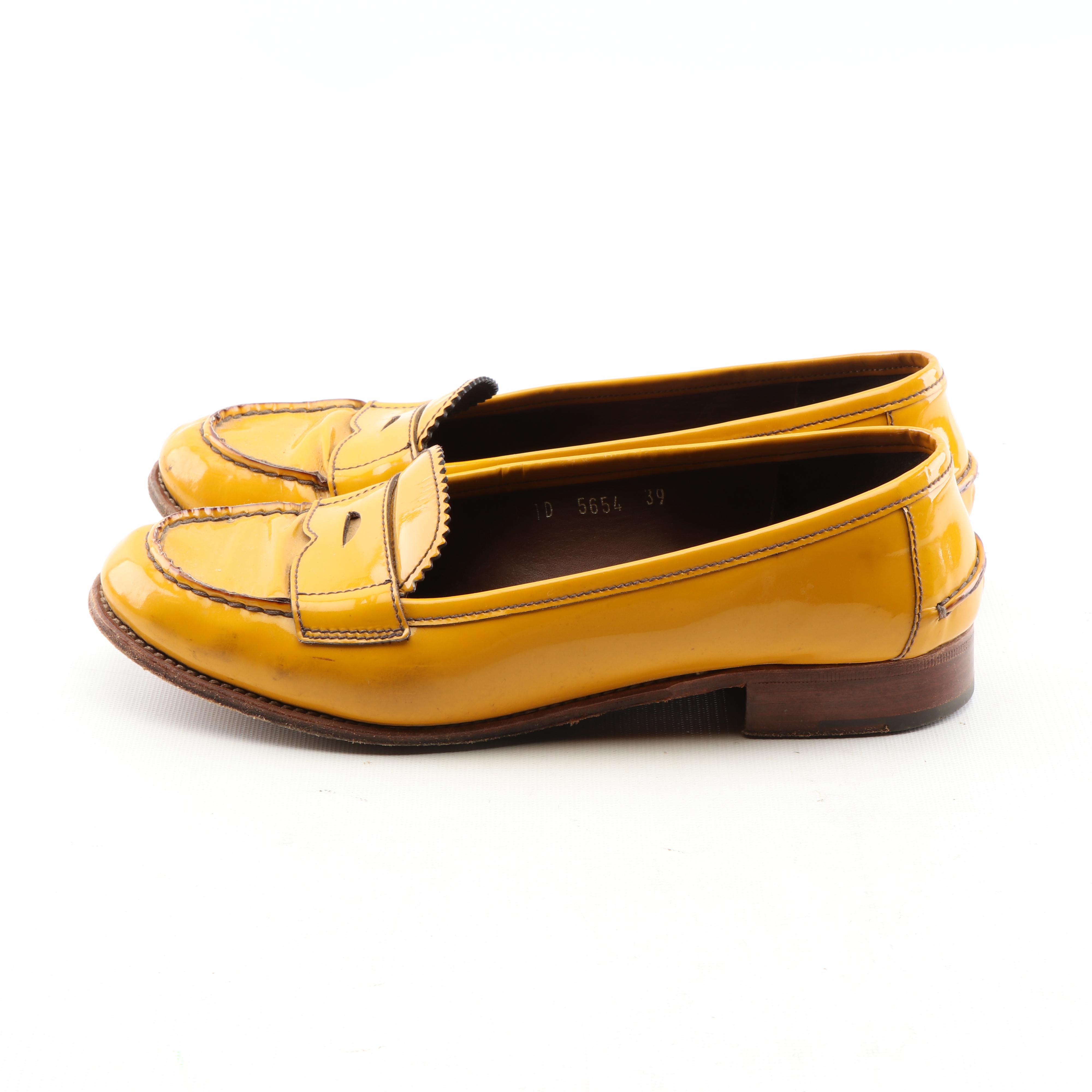 Women's Prada Mustard Yellow Patent Leather Loafers, Made in Italy