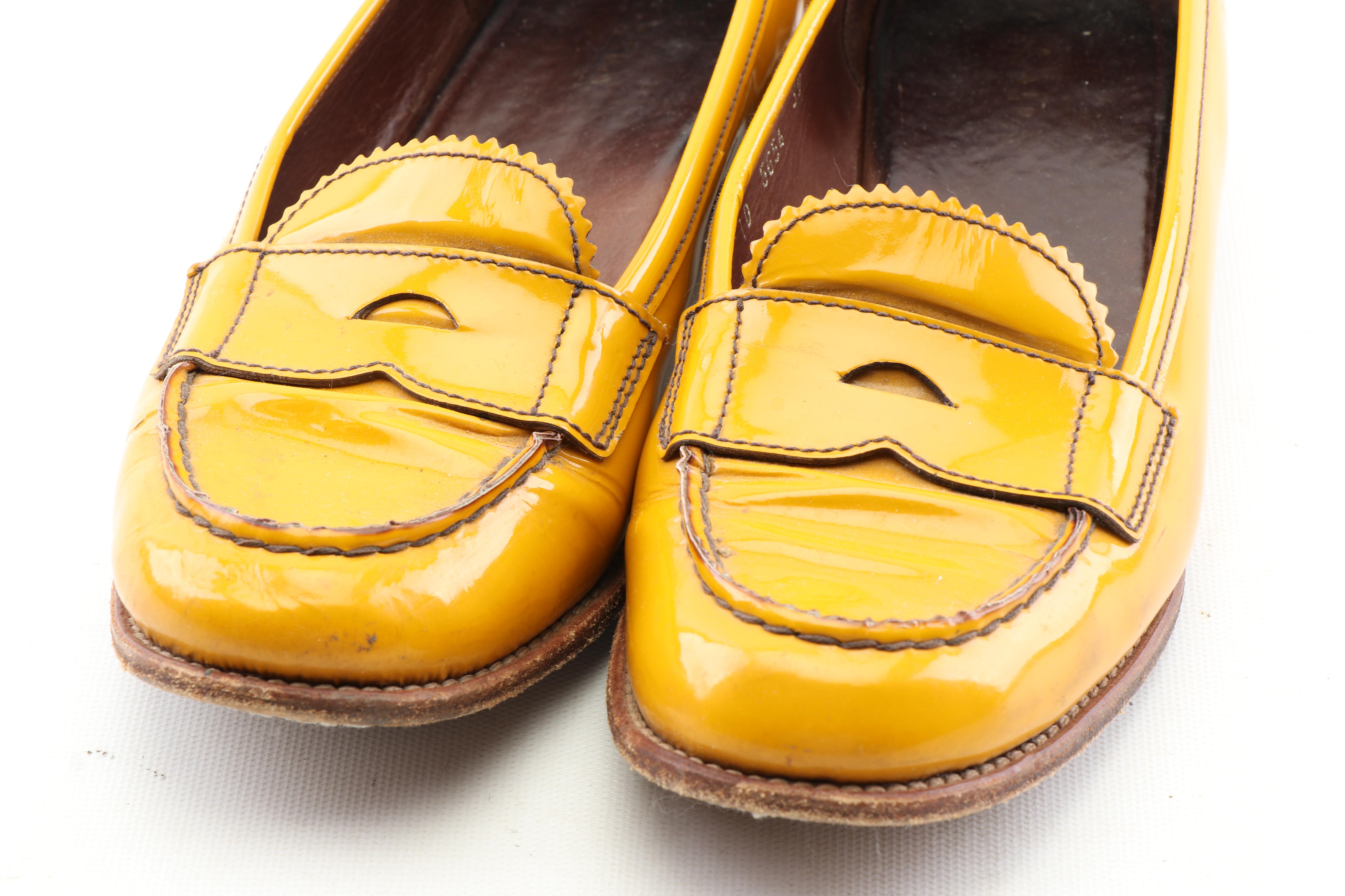 Women's Prada Mustard Yellow Patent Leather Loafers, Made in Italy