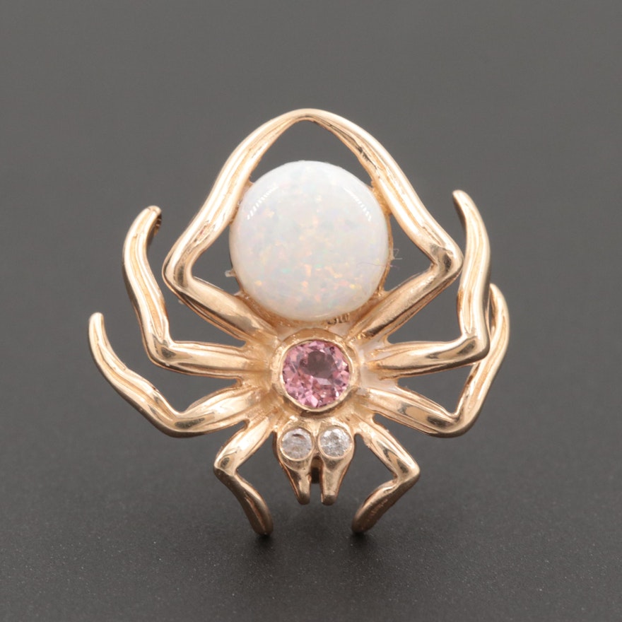 Ballou 14K Yellow Gold Opal, Pink Tourmaline and Diamond Spider Brooch