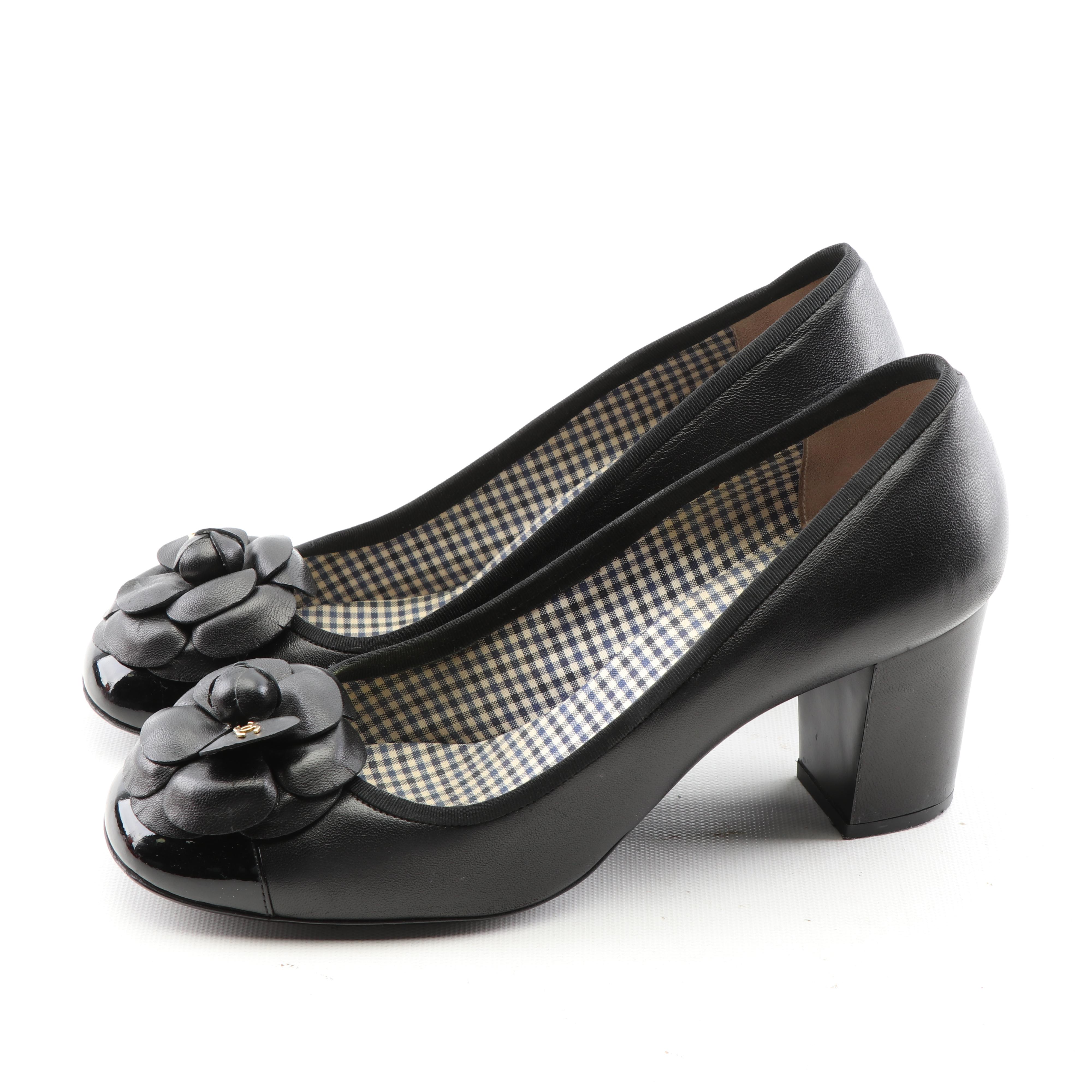 Chanel Camellia Flower Toe Black Leather Pumps