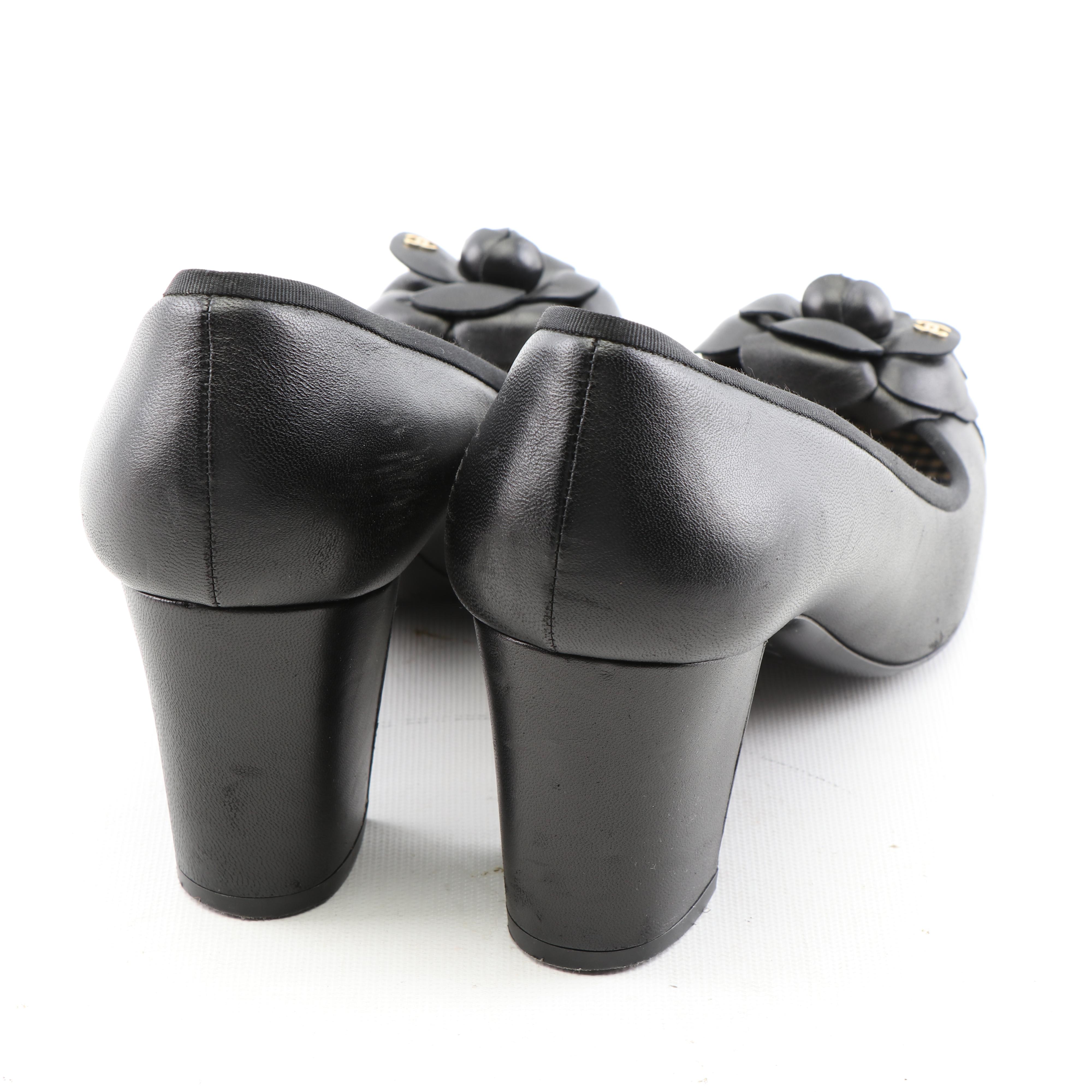 Chanel Camellia Flower Toe Black Leather Pumps