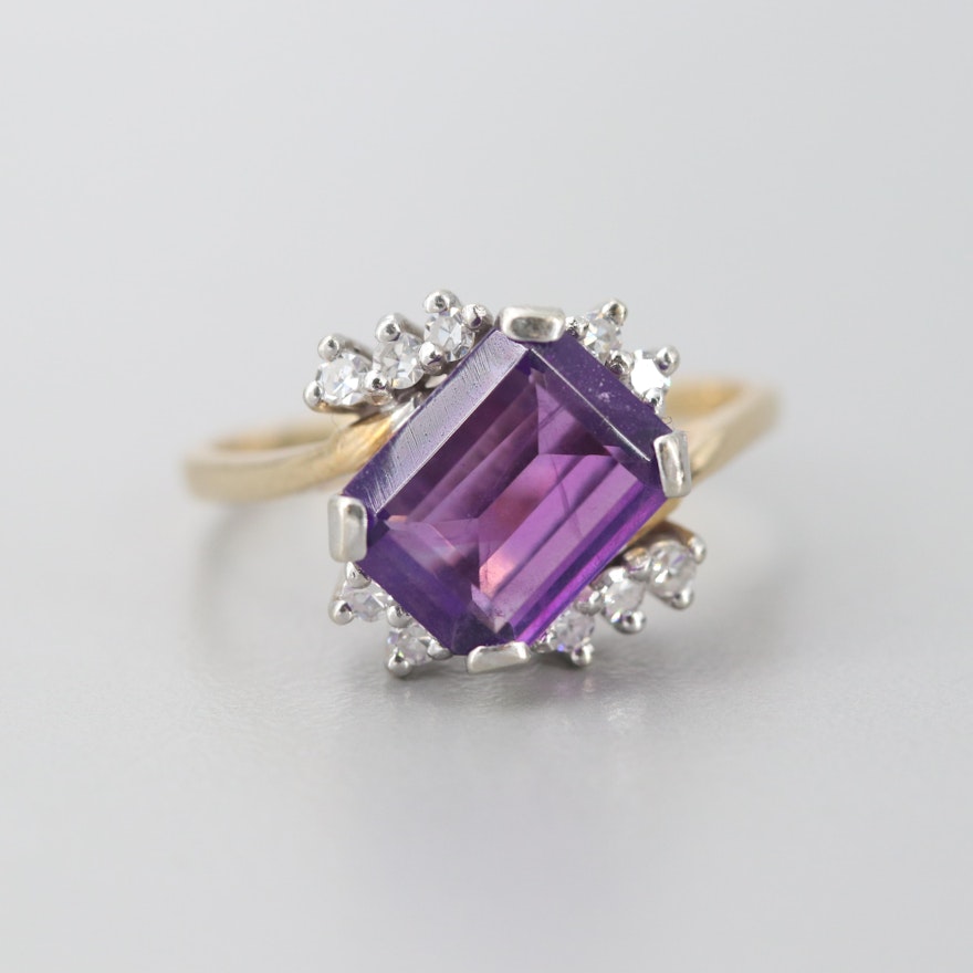 14K Yellow Gold Amethyst and Diamond Bypass Ring