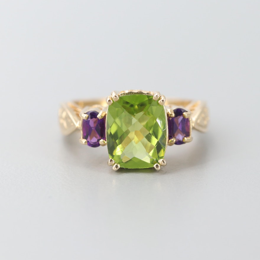 14K Yellow Gold Peridot and Amethyst Ring