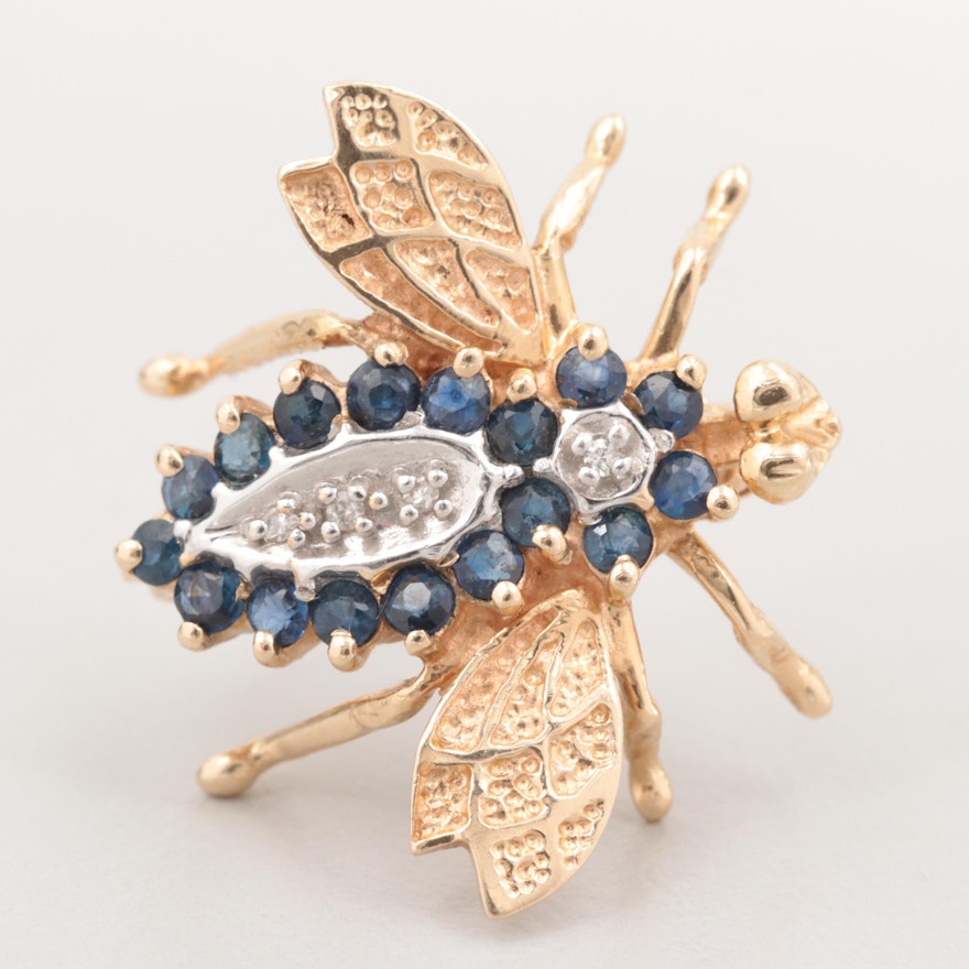 10K Yellow and White Gold Diamond and Blue Sapphire Bee Brooch