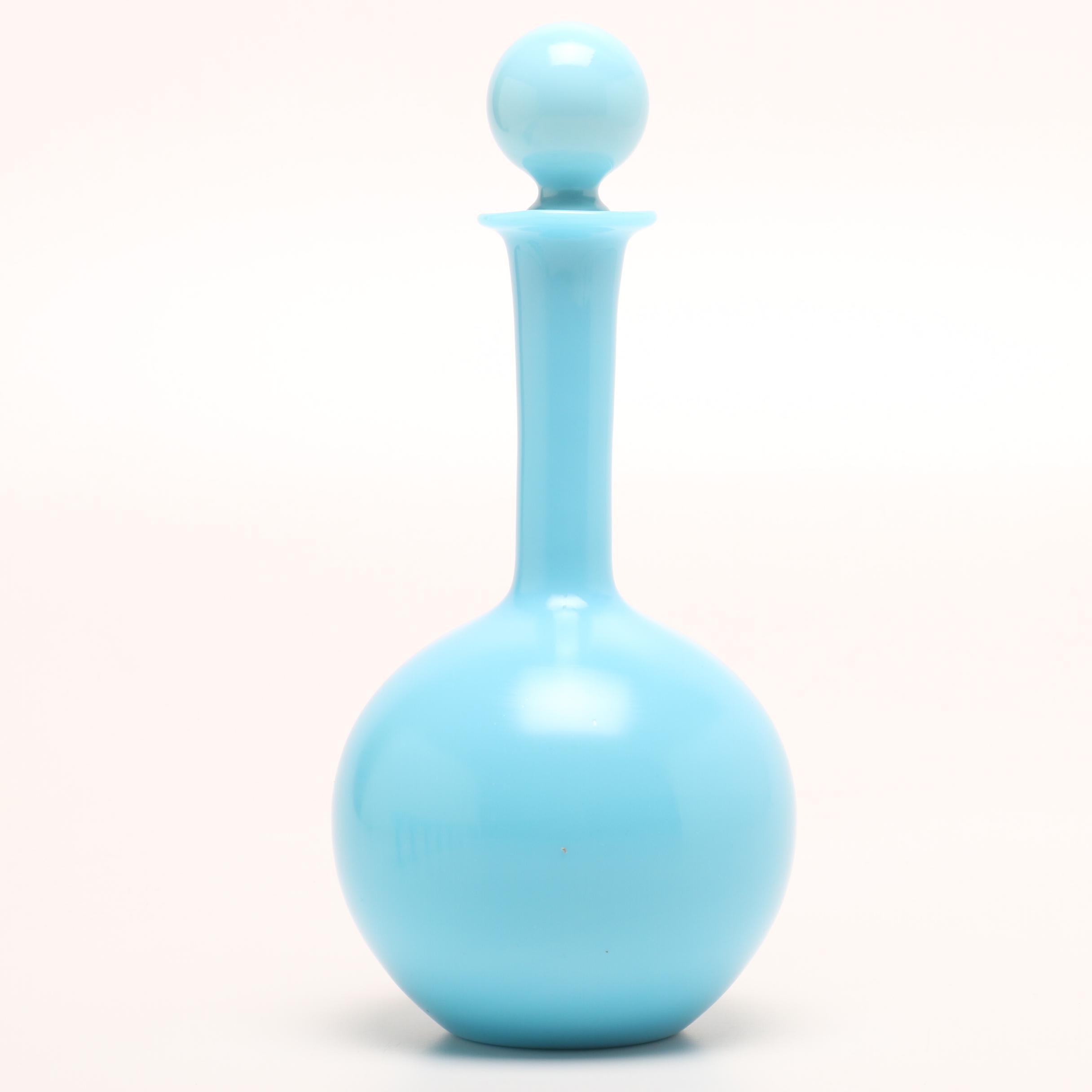 French Portieux Vallerysthal Blue Opaline Blown Glassware Decanter with Cordials