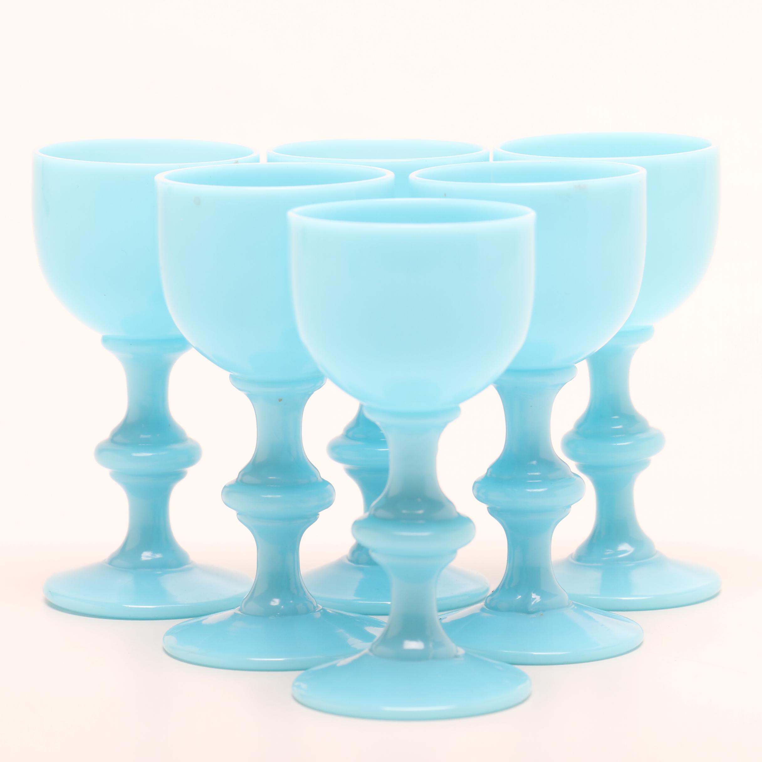 French Portieux Vallerysthal Blue Opaline Blown Glassware Decanter with Cordials