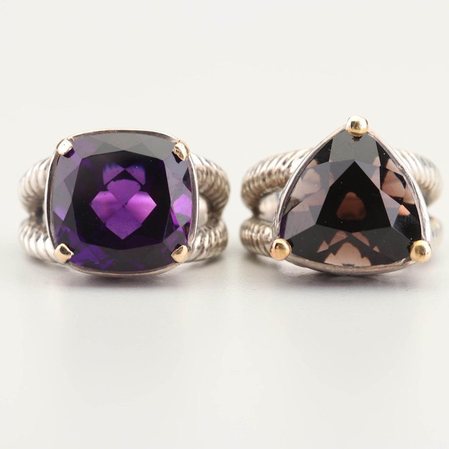 Sterling Silver and 18K Gold Accented Amethyst and Smoky Quartz Rings